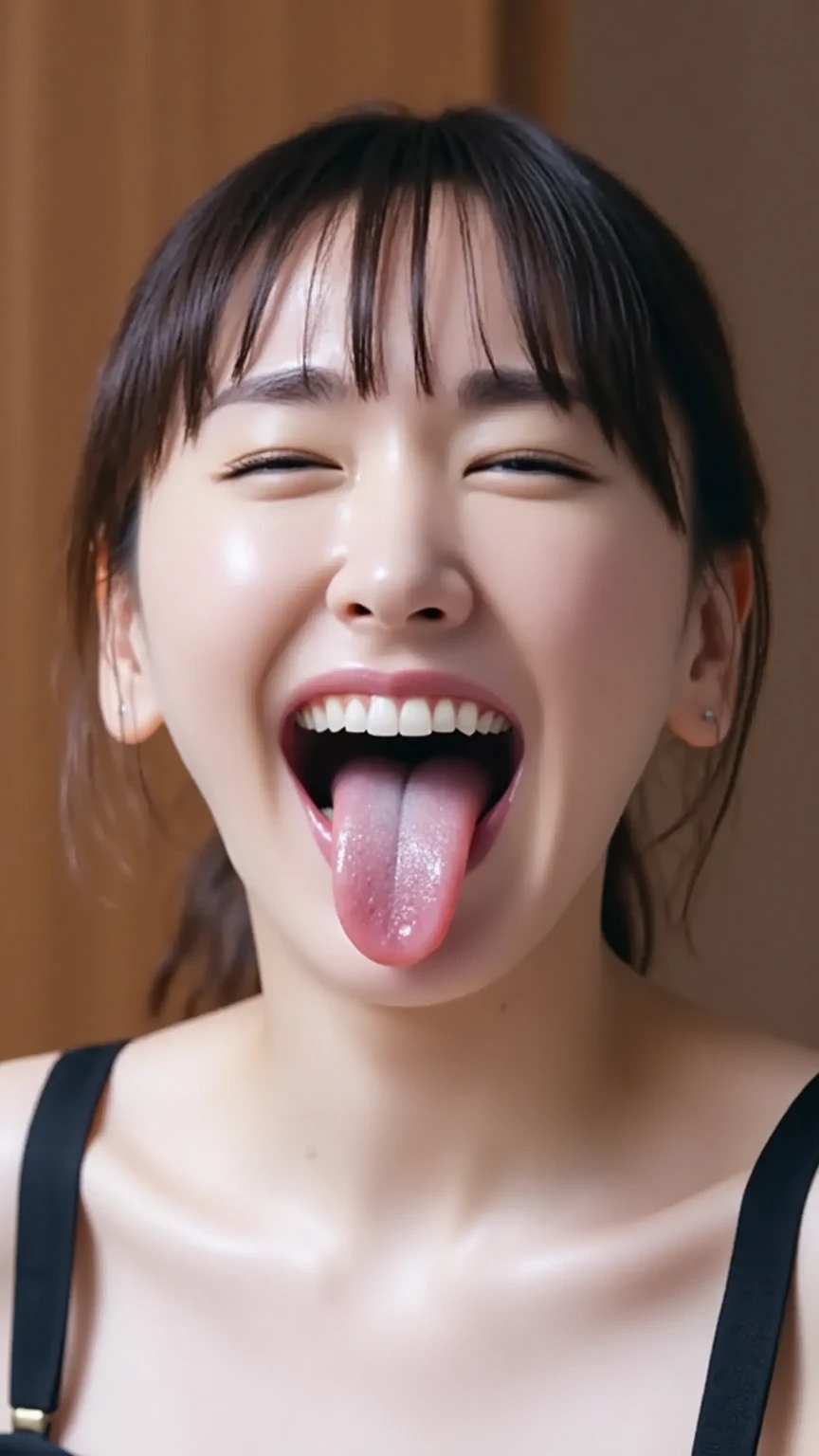 Korean,8--old,man,Show only the face,A big smile,Open your mouth and eyes wide,stick your long tongue out of your mouth