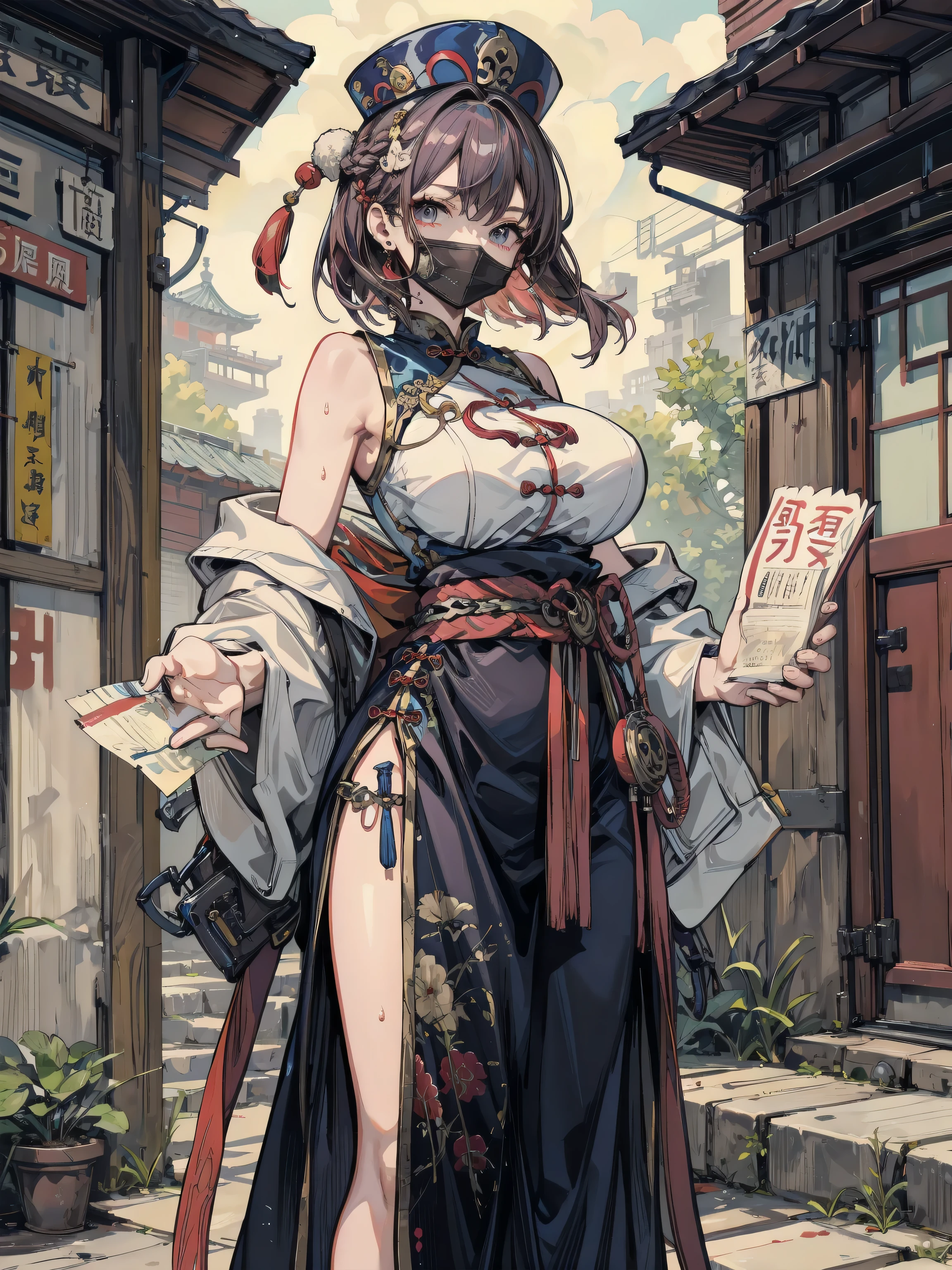 ideal ratio body proportions, perfect anatomy, correct body, earring, huge breasts, narrow waist, short hair, black hair, wavy hair, hair behind ear, half updo, looking at viewer, sweat, cowboy shot, outdoor, dress, braid, chinese clothes, ((cheongsam)), headwear, ofuda, jiangshi, qing guanmao, bare shoulders,