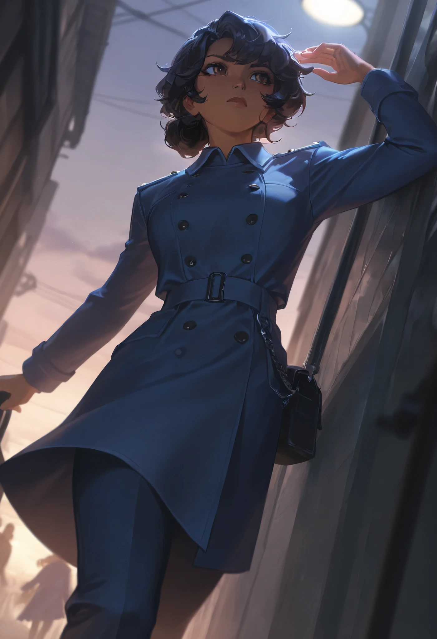 (masterpiece, best quality:1.5), (ultra detailed, high resolution, 8k, beautiful detailed, UHD, best anatomy), black hair, flat breasts, 1 sleuth, Trench coat, Fedora hat, business suit, Leather gloves, Leather shoes, Magnifying glass