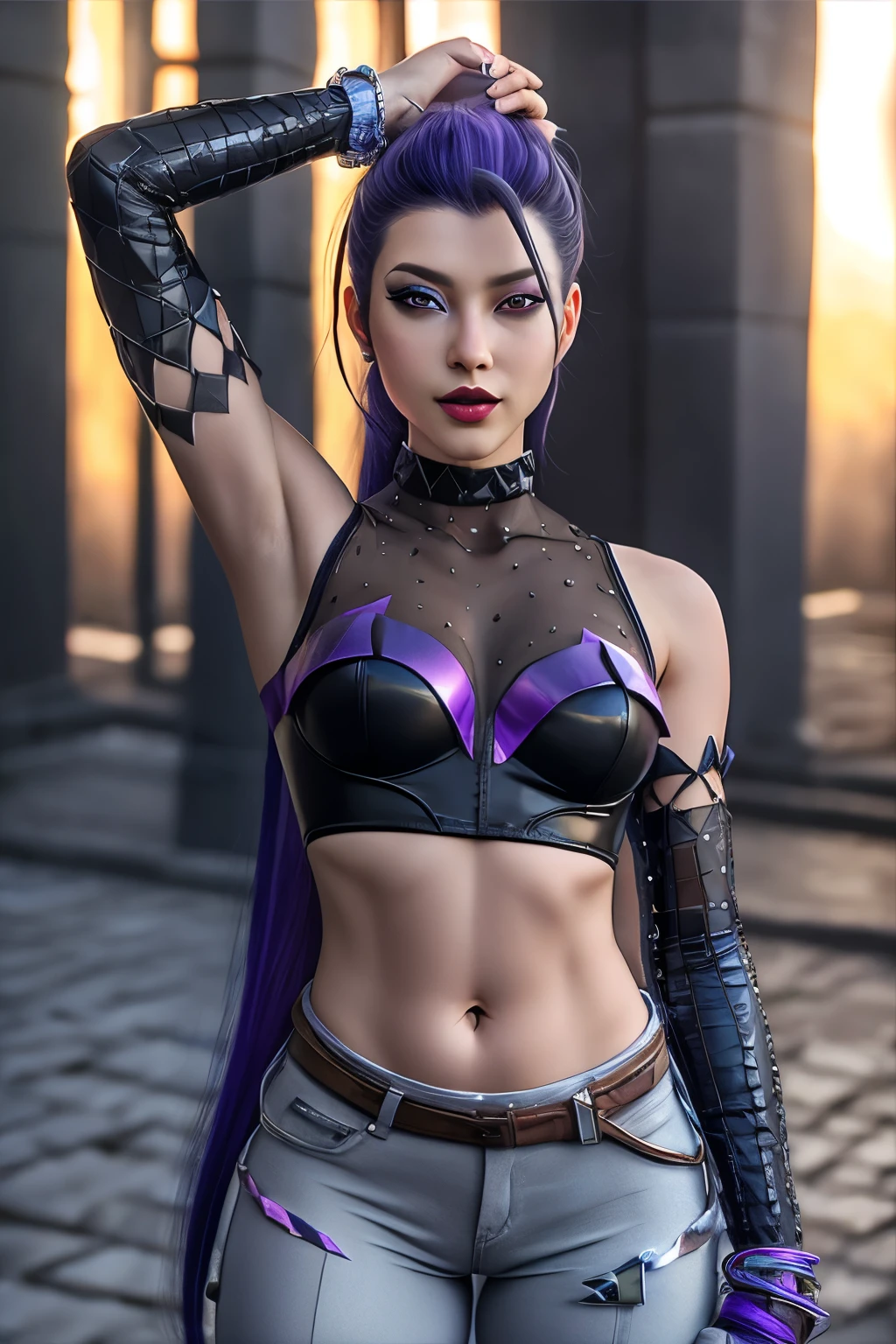 score_9, masterpiece, full body, league of legends, front view, upper body photo, andand alloutanandisa, 1 , Alone, and/and \(league of legends\), ponytail, hair ornament, very and rand hair, multicolored hair, Very long hair, hair between the eyes, hair clip, bicolor hair, fringe, streaanded hair, hair pulled bacand, asymmetrical fringe, purple eyes, eye shadow, lipsticand, lips, purple lips, mascara, choander, jewelry, toys, short top, halternecand, loose sleeves, fingerless glove, elbow gloves , some purple ones, bracelet, enamel, belly, bare shoulders, navel, basic, crystals, perfect, full body