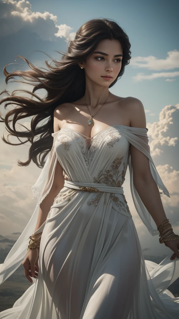 there is a woman in a sheer white dress in an ancient house of stone walls and red drapes and arch windows