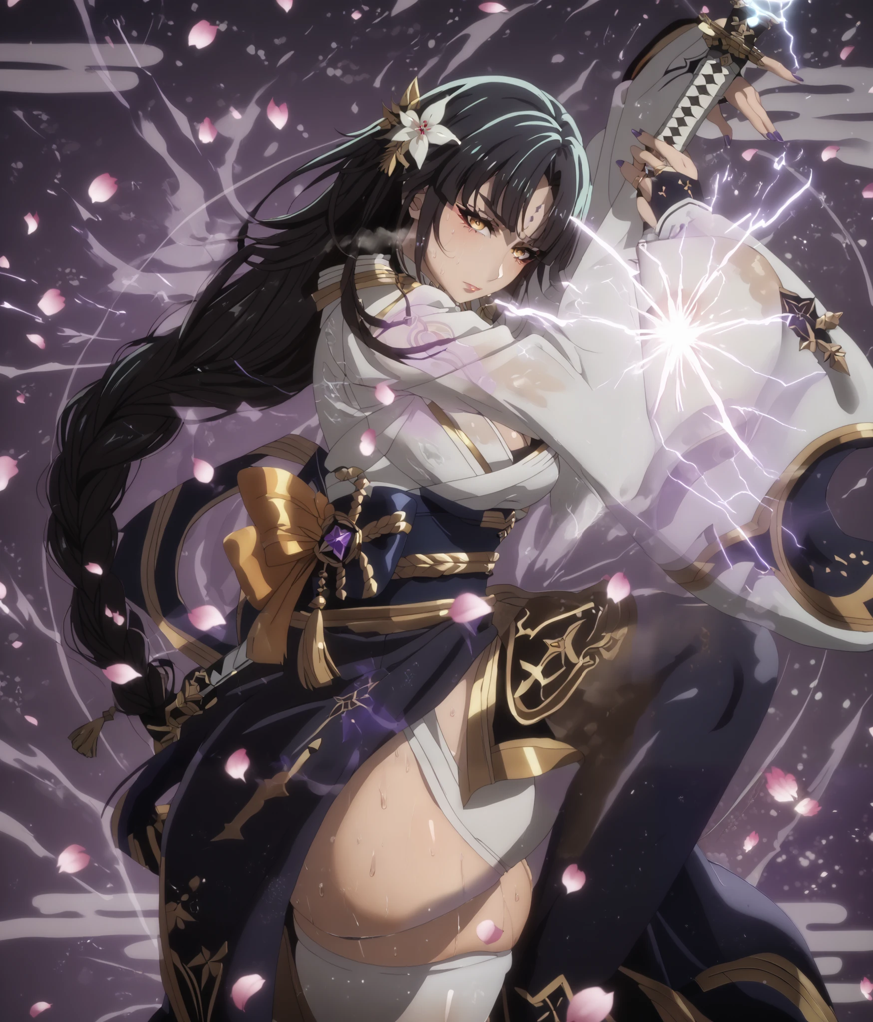 score_9, score_8_up, score_7_up, score_6_up, uncensored, michiko tanaka, long hair, black hair, yellow eyes, facial mark, forehead mark, bright pupils, anime coloring, anime screencap, (voluptuous:1.3), (thick:1.3), BREAK Masterpiece, extremely detailed, excessive sweating, sweating, sweating drop, (gasping, heavy breathing:1.3), (skindentation:1.2), perfect eyes, beautiful eyes, eyelashes, makeup, detailed body, perfect body, BREAK, 1girl, solo, japanese_clothes, sword, weapon, breasts, holding_sword, kimono, holding_weapon, thighhighs, obiage, musou_isshin_(genshin_impact), purple_flower, looking_at_viewer, obi, holding, sash, flower, tomoe_(symbol), obijime, mitsudomoe_(shape), electricity, cleavage, wide_sleeves, bridal_gauntlets, tassel, closed_mouth, long_sleeves, egasumi, petals, katana, ribbon, falling_petals, purple_nails, drawing_sword, vision_(genshin_impact), purple_thighhighs, shaded face, (aura:1.4), simple background