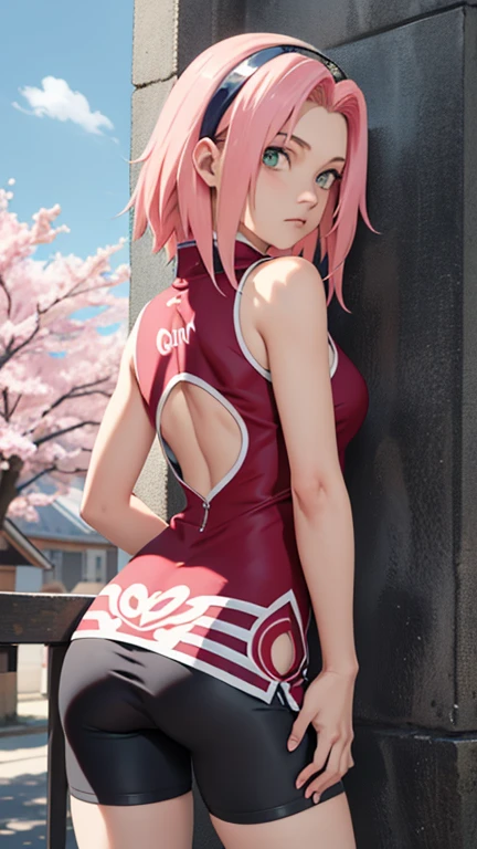 realist, fotorrealist,cowboy shot,masterpiece, absurdities ,1girl, Haruno Sakura, forehead mark, red hair ribbon, red sleeveless dress, , belly button, ingle, bracelet, looking at the viewer, They are smiling, cherry tree, Private garden, wind, floating hair, big chest ,(((Wide hips))), toned body, detailed eyes, view from back, trying to wear pants, Pulling pants, Hip outer pants