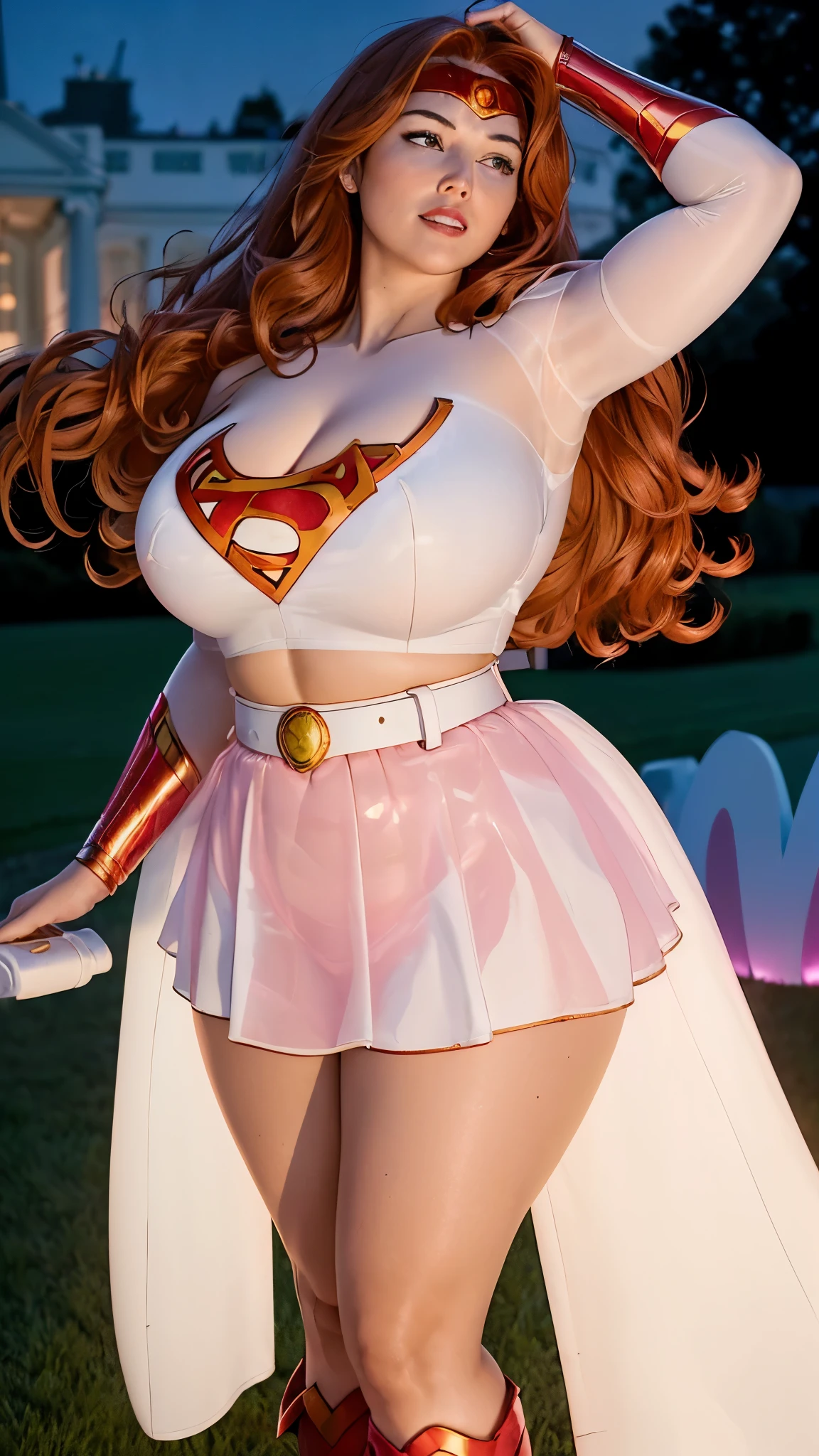 "An ultra-detailed 8k masterpiece of better quality and high saturation well focused. The image features an outfit illustration featuring a stunning plus size European woman wearing a super tight sexy white and blue supergirl mini skirt costume, including a blue background, long legs, black hair, (MILF:1.3)."