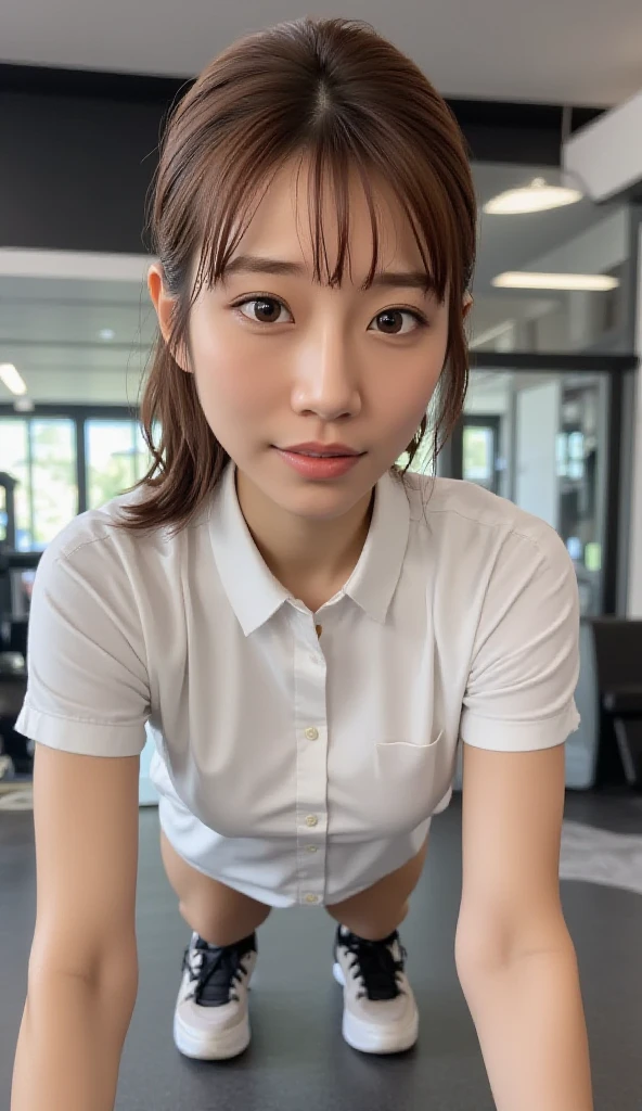 ((of the highest quality, 8K, masutepiece: 1.3, Raw photo)), Sharp Focus: 1.2, (1 AESPA Girl :1.1), Solo, (Realistic, Photorealistic: 1.37), (Face Focus: 1.1), Cute face, hyperdetailed face, short messy hair, Small Smile, slender, (white button down shirt, skirt: 1.2), sitting office room, (show panties:1.1), from below, bloom flower