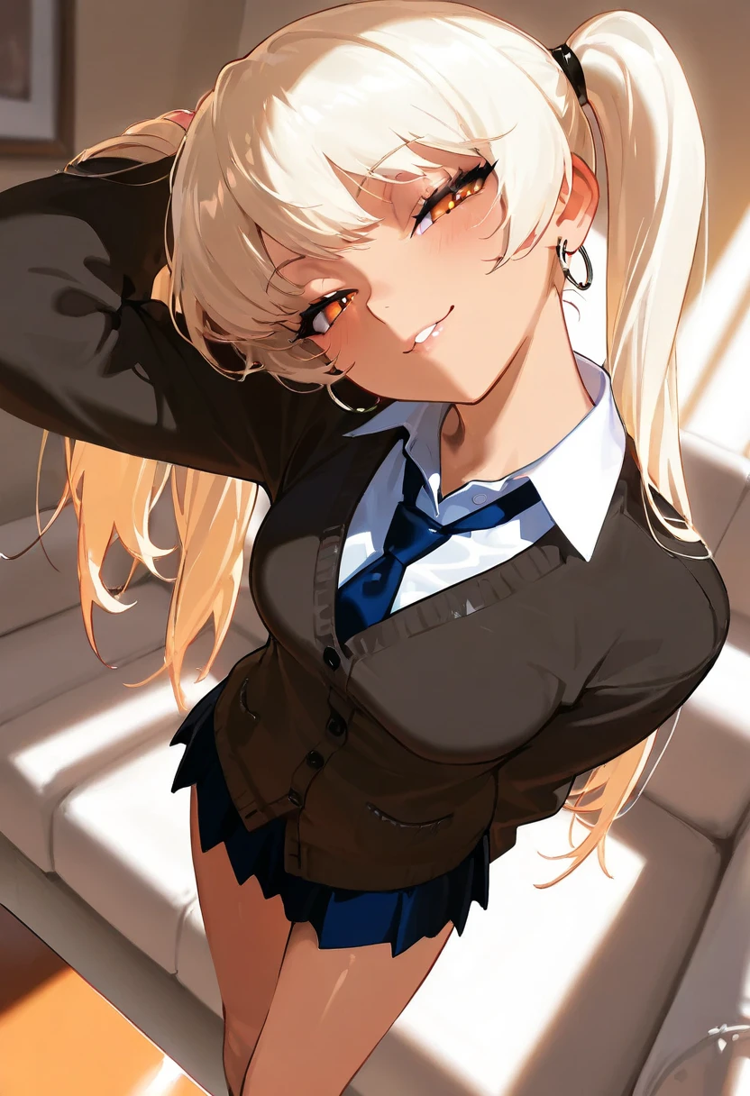 ((Perfect Anatomy:1.2,Realistic:1.3,RAW Photos:1.3,masterpiece、highest quality、Ultra - High resolution、High resolution、Highly detailed CG、8k)),Cowboy Shot.                                                                    1 female,alone,18-year-old、high school girl，beautiful girl,Japanese,((Beautiful face and eyes:1.2,Big beautiful eyes:1.3,)),blonde,Twin tails,(Center parted hair:1.4,amount),Small Head:1.3,thin,((Dark brown skin:1.4)),(Oily skin,Glowing Skin,Shiny skin),(school uniform、Dark blue blazer jacket、Checkered pleated mini skirt), Perfect Anatomy，Correct Anatomy，Perfect Face，Perfect Arms，，Perfect Fingers，Perfect waist，Perfect Thighs，View your viewers，((anger:1.5))，((Embarrassing 1.1)),((The facial features are also depicted in detail.))，((blush:1.5))，((Lift the hem of a skirt))，((Show off your panties to your audience)),((75 degree angle from bottom))，((Show viewers white panties))，Are standing．　　　　　　　　　　　　　　　　　　　　　　　　　　The background is a dirty back alley，((night)),((dark)),Tokyo.