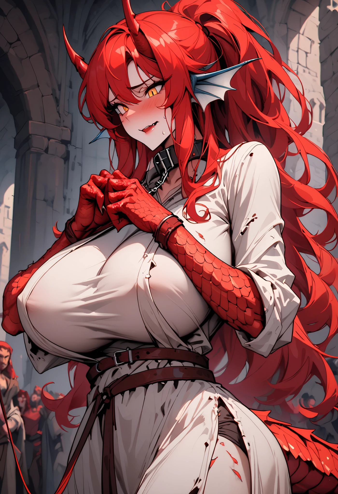 solo, female, sfw, medium shot, long hair, curly hair, big hair, ponytail, red hair, golden eyes, pointed ears, huge breasts, dressed in rags, rags, collar, leash, slave, auction, medieval, day, offering leash
