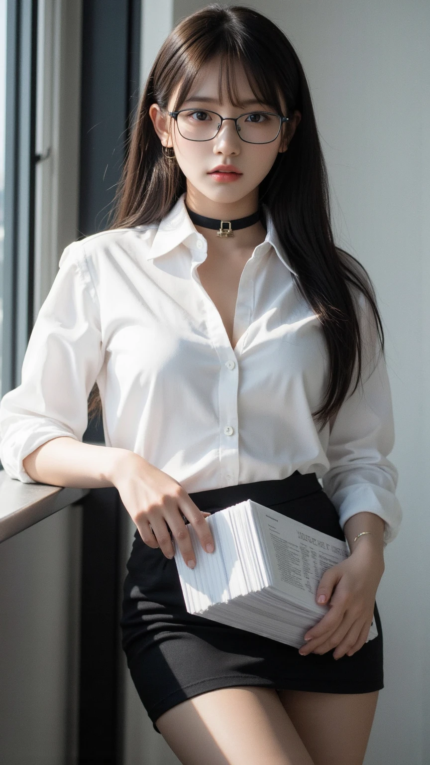 16K quality、highest quality、It is high resolution.、Real photo、( Japanese Girl)、((A beautiful woman lifting her skirt to show off her pantyhose))、((Business ladies suits、Thin white blouse、Black he lifts the hem of her skirt with both hands to show her black pantyhose:1.5)))、((office、office、desk))、(Sheer black pantyhose、Shiny ultra-thin black pantyhose、See-through black panties)、((Beautiful glossy brown hair、Bob Hair、Put out your ears))、((Embarrassed expression))、choker、Shiny earrings、Beautiful legs、Black High Heels、(Big eyes、Very beautiful and subtle makeup, Light makeup,)、Perfect body、Perfect hands、Perfect hands指、A clear, beautiful face and well-proportioned eyes、Highly detailed eyes and face、A neat nose、Thin eyebrows、(Perfect Eyes）、 (c cup breasts)、 Border Light、Realistic Light、subtle eye shadow、Detailed and beautiful lips 、Cute round face、Plump thighs、Hairstyle with bangs、Slender body、slim、Light-reflecting skin、Detailed fingers、Beautiful Eyes、Long eyelashes、８Head to Body、Low - Angle、The light reflected in your eyes、Smaller face、double eyelid、Big Eyes、Lip gloss、looking at the camera、Background blur、Movie lighting from the front、Light on face、