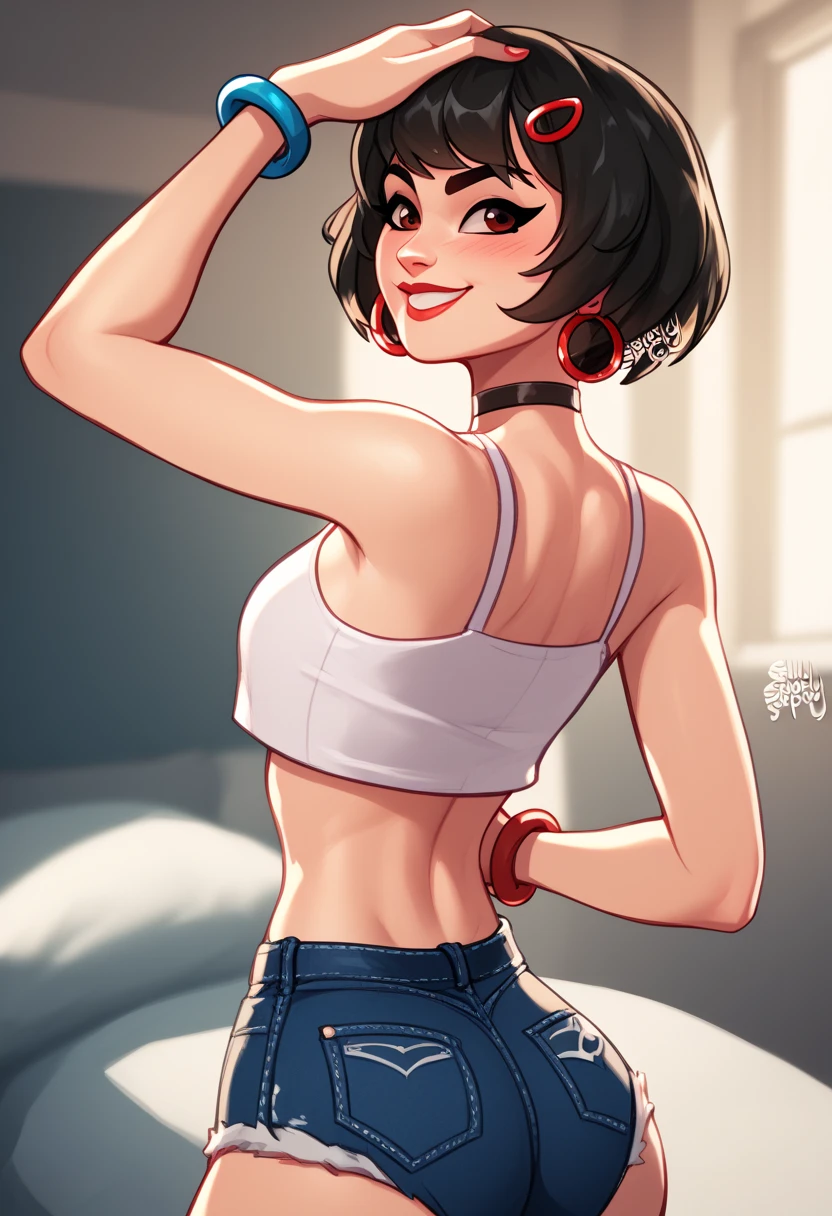 masterpiece, best quality, dark skin, short hair, yellow eyes, black hair, beautiful girl, thin, full body, casual pink male ((long-sized)) t-shirt, jeans pants, (plan boobs), (short boobs), (small boobs), ((short chest)), ((big butt)), ((wide thigh)), sitting, eating pizza