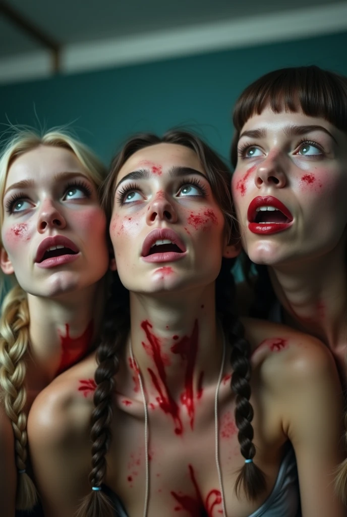 Several decapitated heads of girls, on a table, in a public market, full of blood, ((eyes closed)), bleeding, photorealistic, 4K, Nikon, horror, public market