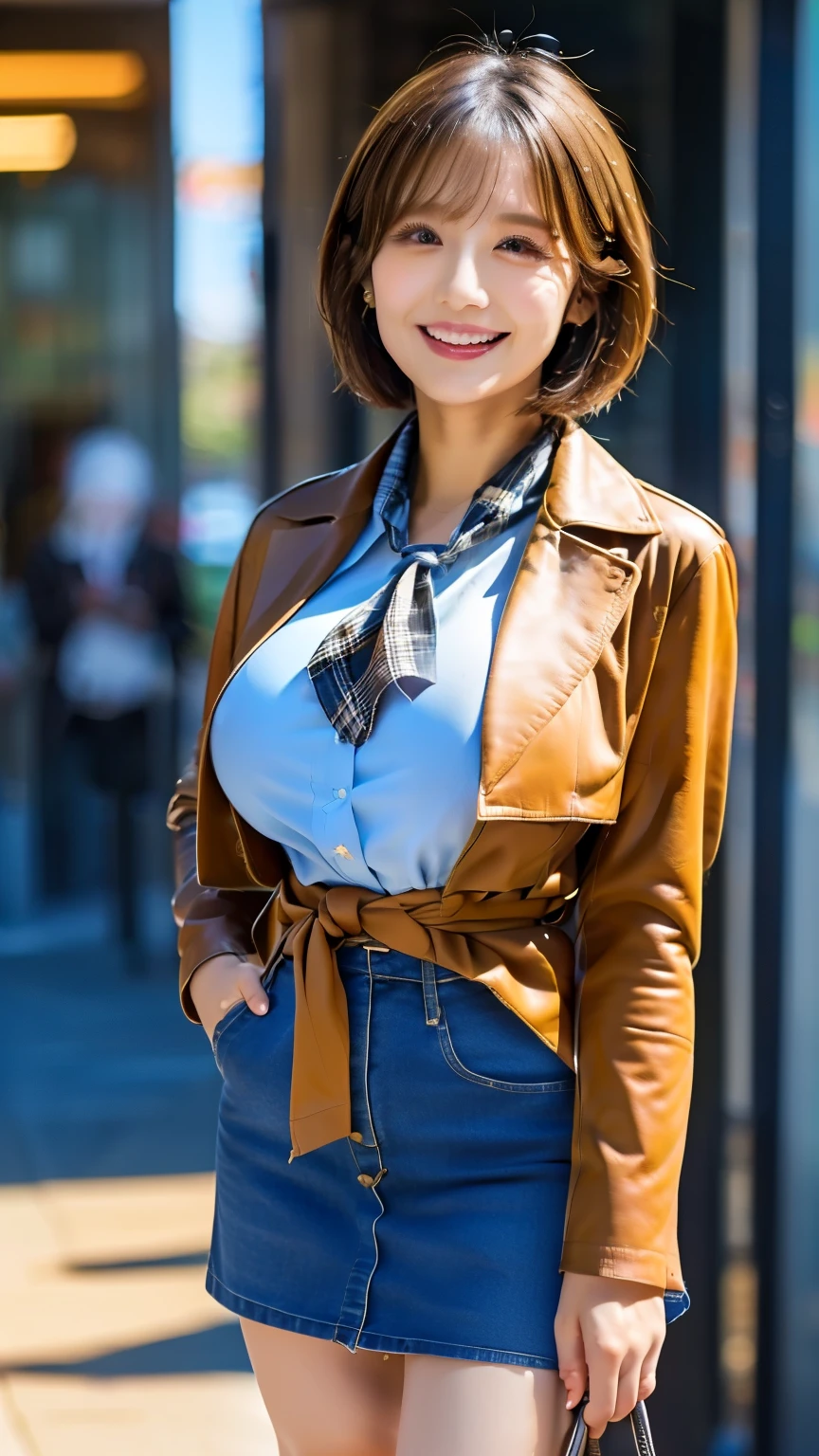 (high quality、high image quality during sick leave、masterpiece、8k、16k)、(real)、professional lighting、((angle from the front))、(standing with legs shoulder-width apart)、(View angle from the knees up:1.5)、( office worker )、20 years old、looks at the camera、((pixie cut hair))、(short cut hair)、pretty face in pink and white、big smiles、((Big Breasts:1.2))、Hermes scarf around the neck((Wearing a light blue blouse))、((I'm wearing a long leather coat))、tight waist、(wearing a brown plaid miniskirt)、 black leather long boots、Office of the Near Future