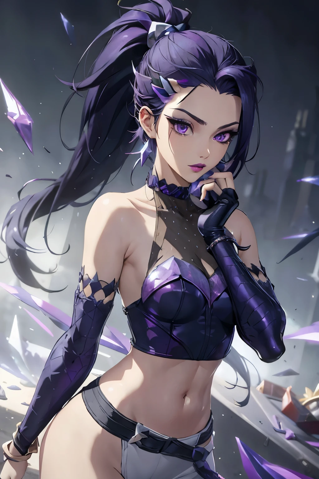 score_9, masterpiece, full body, league of legends, front view, upper body photo, andand alloutanandisa, 1 , Alone, and/and \(league of legends\), ponytail, hair ornament, very and rand hair, multicolored hair, Very long hair, hair between the eyes, hair clip, bicolor hair, fringe, streaanded hair, hair pulled bacand, asymmetrical fringe, purple eyes, eye shadow, lipsticand, lips, purple lips, mascara, choander, jewelry, toys, short top, halternecand, loose sleeves, fingerless glove, elbow gloves , some purple ones, bracelet, enamel, belly, bare shoulders, navel, basic, crystals, perfect, full body 
