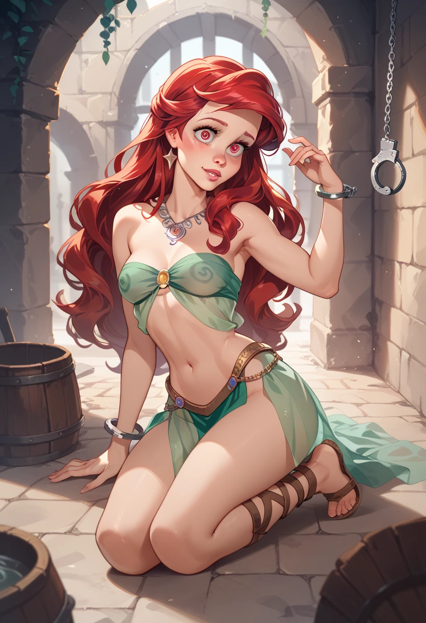 Ariel Disney, 1girl, solo, looking at viewer, smile, panties and sulti, bare shoulders, jewelry, sitting, full body, earrings, shoulder to shoulder, crop top, makeup, edge, (realistic: 1,2), ( realism ), (masterpiece: 1,2), (best quality), (ultra detailed), (8k, 4k, complex), (full body shot: 1), (85mm), light particles, lighting , (highly detailed: 1.2), (face detailed: 1.2), (gradients), sfw, colorful, (eyes detailed: 1.2) (background detailed), landscape detailed, (dynamic angle: 1.2 ), (dynamic pose: 1,2), (rule of third_composition: 1,3), (Line of action: 1.2)((Full body shot, standing, on the floor)), by Disney. She is sitting on a throne, tied, (Tied with jute rope:2), (tied with a lot of rope), ankles tied, legs tied, feet tied, breasts tied, rope in the grain:1,5). Otm gag. She tries to leave, but she can't,
