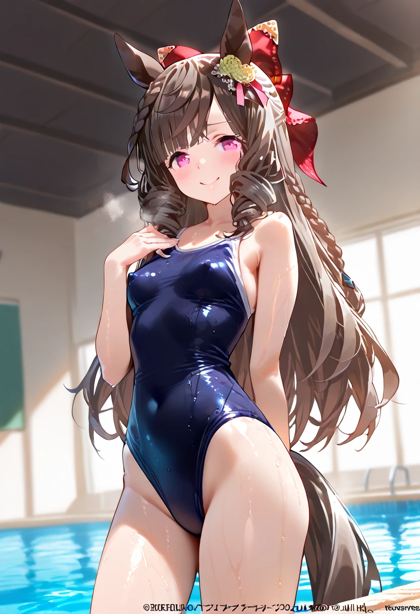 tosen jordan \(umamusume\)、wearing a blue swimsuit, {best quality}, {very aesthetic}, {ultra-detailed}, {best illustration}, nsfw, 1girl, 1man, sex, standing doggy, from side