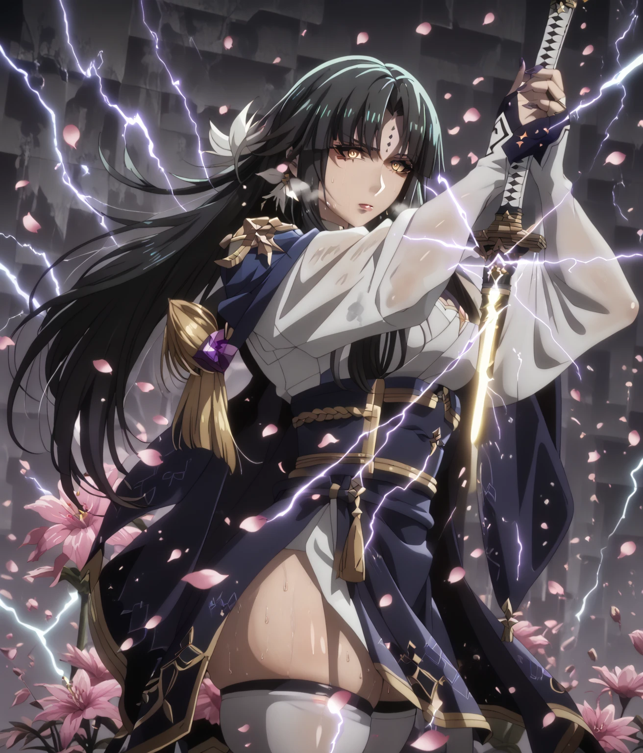 score_9, score_8_up, score_7_up, score_6_up, uncensored, michiko tanaka, long hair, black hair, yellow eyes, facial mark, forehead mark, bright pupils, anime coloring, anime screencap, (voluptuous:1.3), (thick:1.3), BREAK Masterpiece, extremely detailed, excessive sweating, sweating, sweating drop, (gasping, heavy breathing:1.3), (skindentation:1.2), perfect eyes, beautiful eyes, eyelashes, makeup, detailed body, perfect body, BREAK, 1girl, solo, japanese_clothes, sword, weapon, breasts, holding_sword, kimono, holding_weapon, thighhighs, obiage, musou_isshin_(genshin_impact), purple_flower, looking_at_viewer, obi, holding, sash, flower, tomoe_(symbol), obijime, mitsudomoe_(shape), electricity, cleavage, wide_sleeves, bridal_gauntlets, tassel, closed_mouth, long_sleeves, egasumi, petals, katana, ribbon, falling_petals, purple_nails, drawing_sword, vision_(genshin_impact), purple_thighhighs, shaded face, (aura:1.4), simple background