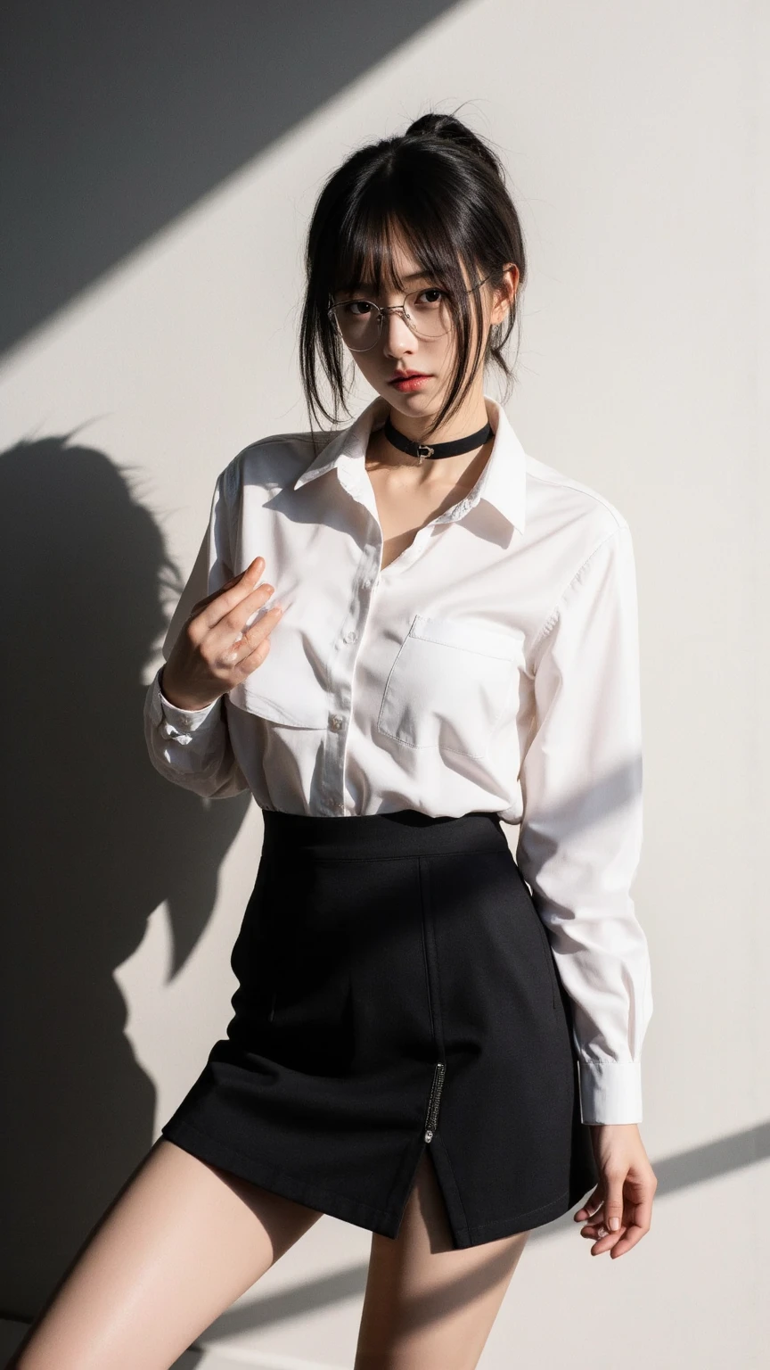 woman has her hands tied、shibari、Hands behind back、Hands crossed at the waist、Both wrists are tied with rope、Fingers five pieces、Has two arms、Beauty、20 years old、talent、Wearing a short-sleeved blouse、Wearing a skirt、Inside the hotel room、Standing in front of a wall、Uniform eyes、Well-proportioned、Medium build、Small Bust、, black hair, straight hair, earrings, sad, Surrealism, cinematic lighting, tachi-e, first-person view, from behind, f/1.2, Nikon, from behind, UHD, anatomically correct, best quality, highres、