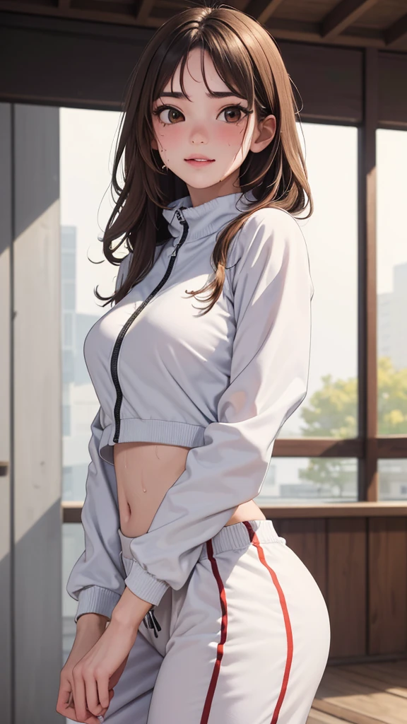 (from below:1.2),(porn image,female masturbation),((1girl:1.5),beautiful breasts,(large breasts),pale skin,erect nipples),((realistic),high resolution,best quality,masterpiece,(Sense of presence),((Dynamic,bold)))),((extra long High ponytail),(straight hair),Swept bangs,(extra light coppery red hair),(hair over one eye),hair blowing in the wind),(pool side,sunlight),((clothed),baggy white pullover hoodie,baggy pants),(squatting,open legs)