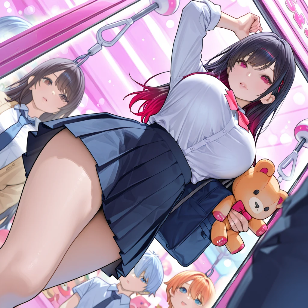 One girl,Tsubame,Embarrassed、blush,The whole body is shown、squatting、Sexy String Bra、Sexy string panties、restrained,Leg spread、looking to viewer,((1machine ,sex,vaginale,Pink dildo connected to a machine))、On the road、City、crowd,from below,A complete depiction of the human body、masterpiece, Highest quality, Game CG, ultra detailed、highres、extremely detailed CG