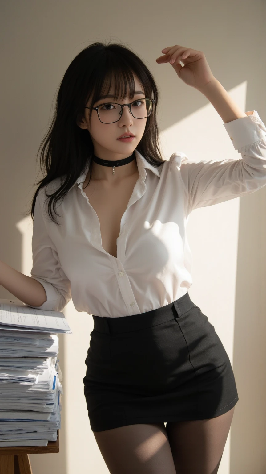20 yo woman, black hair, short ponytail, thin frame glasses, thinking face, (wearing opened button shirt,medium breasts with cleavage), sitting, studying, BREAK, lying hand on table, holding pencil, opened book, books, a cup off milk, table lamp, BREAK, in living room, wall decor, mini library, glass window, wall clock,BREAK, cinematic light, photorealistic, masterpiece, best quality, complex CG, high detailed face, high detailed eyes,