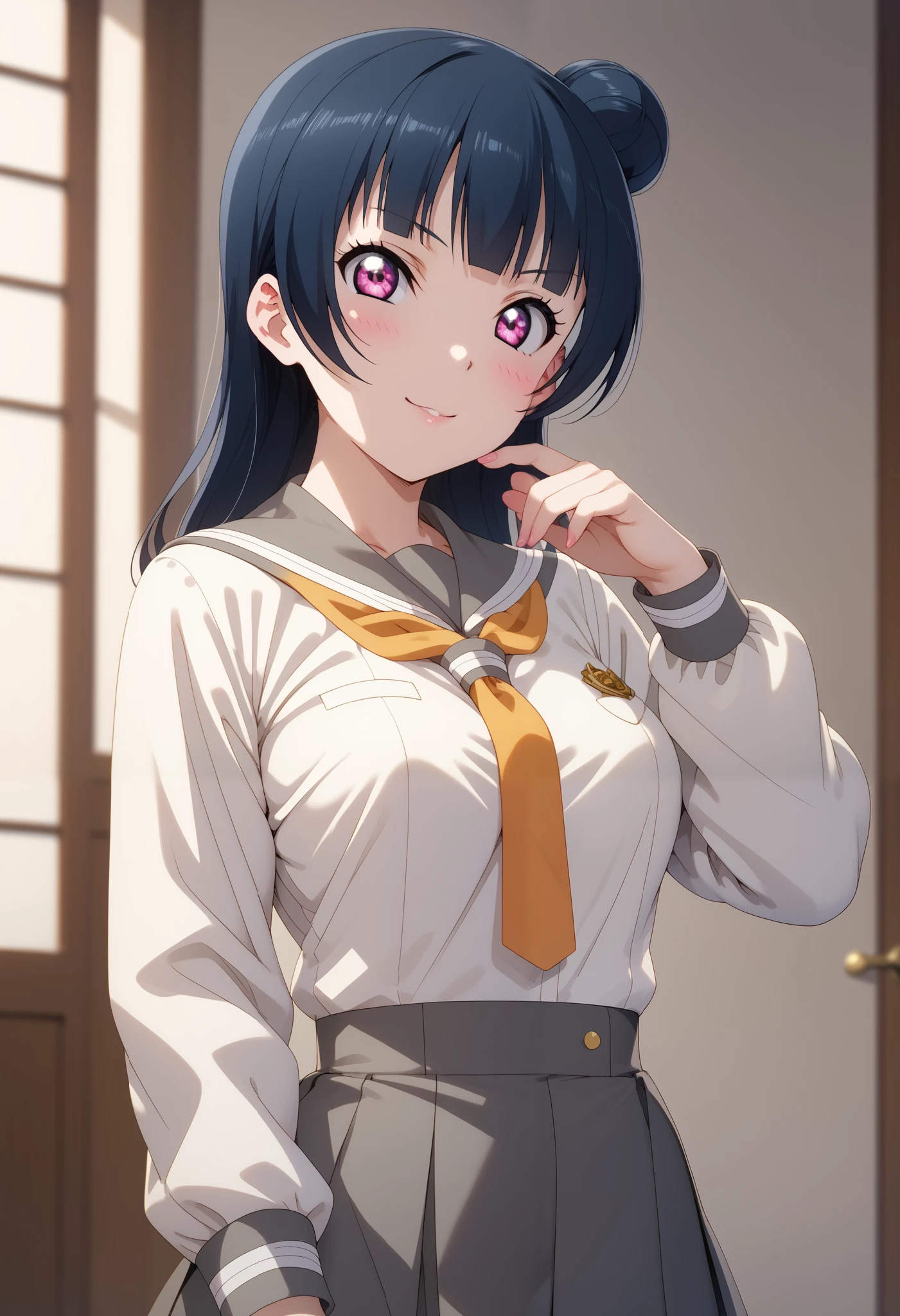 An image of Yoshiko Tsushima going out wearing a uniform from Ura no Hoshi Jogakuin.high quality