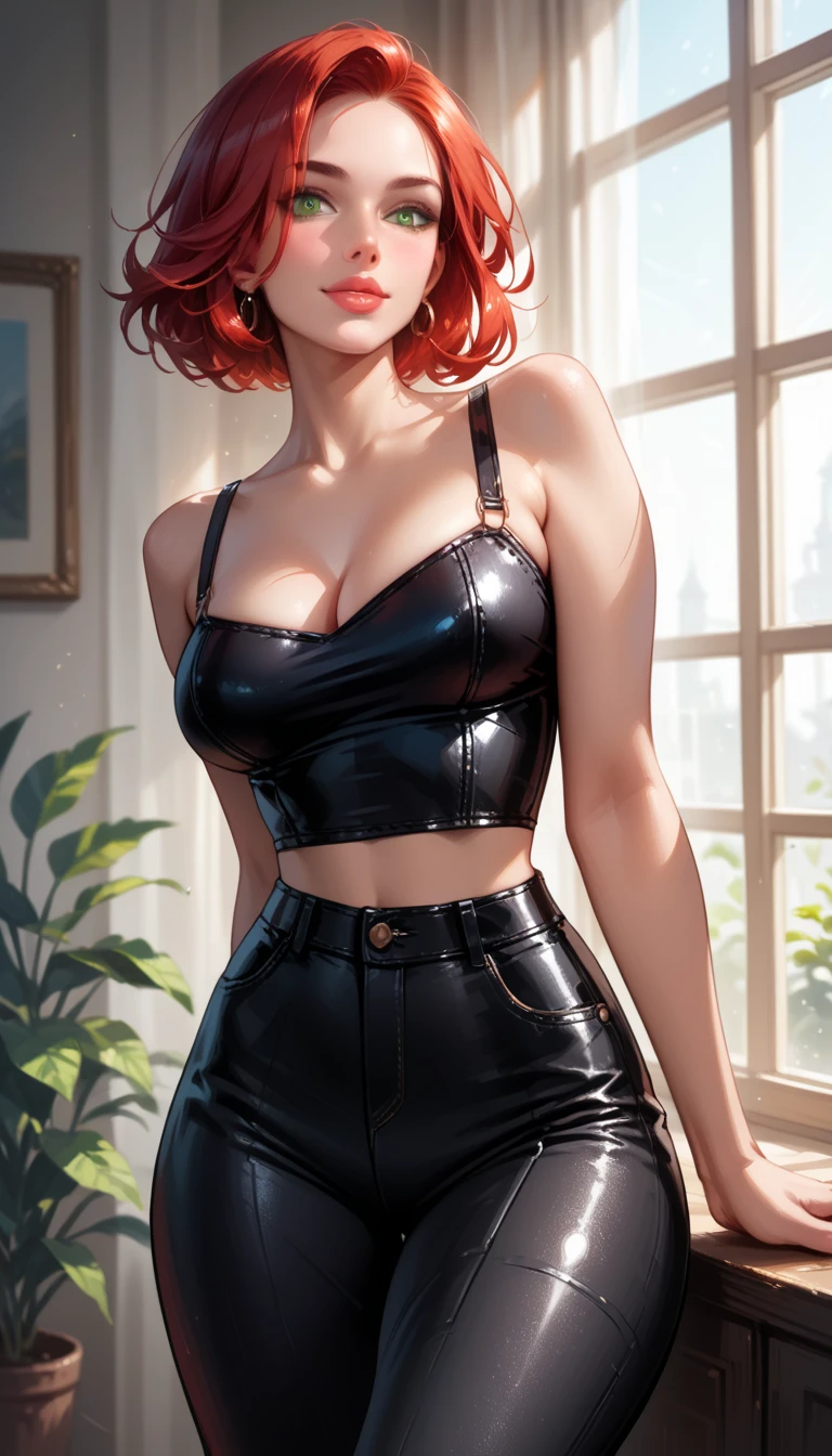 (high-level image quality), (high quality), (high resolution), (detailed), (masterpiece), beautiful woman, ((caucasian)), red hair, short hair, green eyes, dark red lipstick, busty, slender body, Detailed eyes, perfect eyes, Detailed face, leather pants, cropped, serious