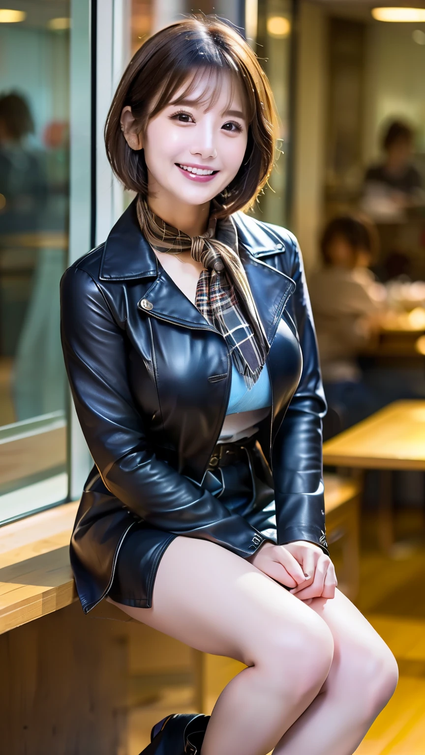 (high quality、high image quality during sick leave、masterpiece、8k、16k)、(real)、professional lighting、((angle from the front))、(standing with legs shoulder-width apart)、(View angle from the knees up:1.5)、( office worker )、20 years old、looks at the camera、((pixie cut hair))、(short cut hair)、pretty face in pink and white、big smiles、((Big Breasts:1.2))、Hermes scarf around the neck、brake、((light blue blouse around my neck))、((I'm wearing a long leather coat))、tight waist、brake、(wearing a brown plaid miniskirt)、brake、 black leather long boots、Office of the Near Future