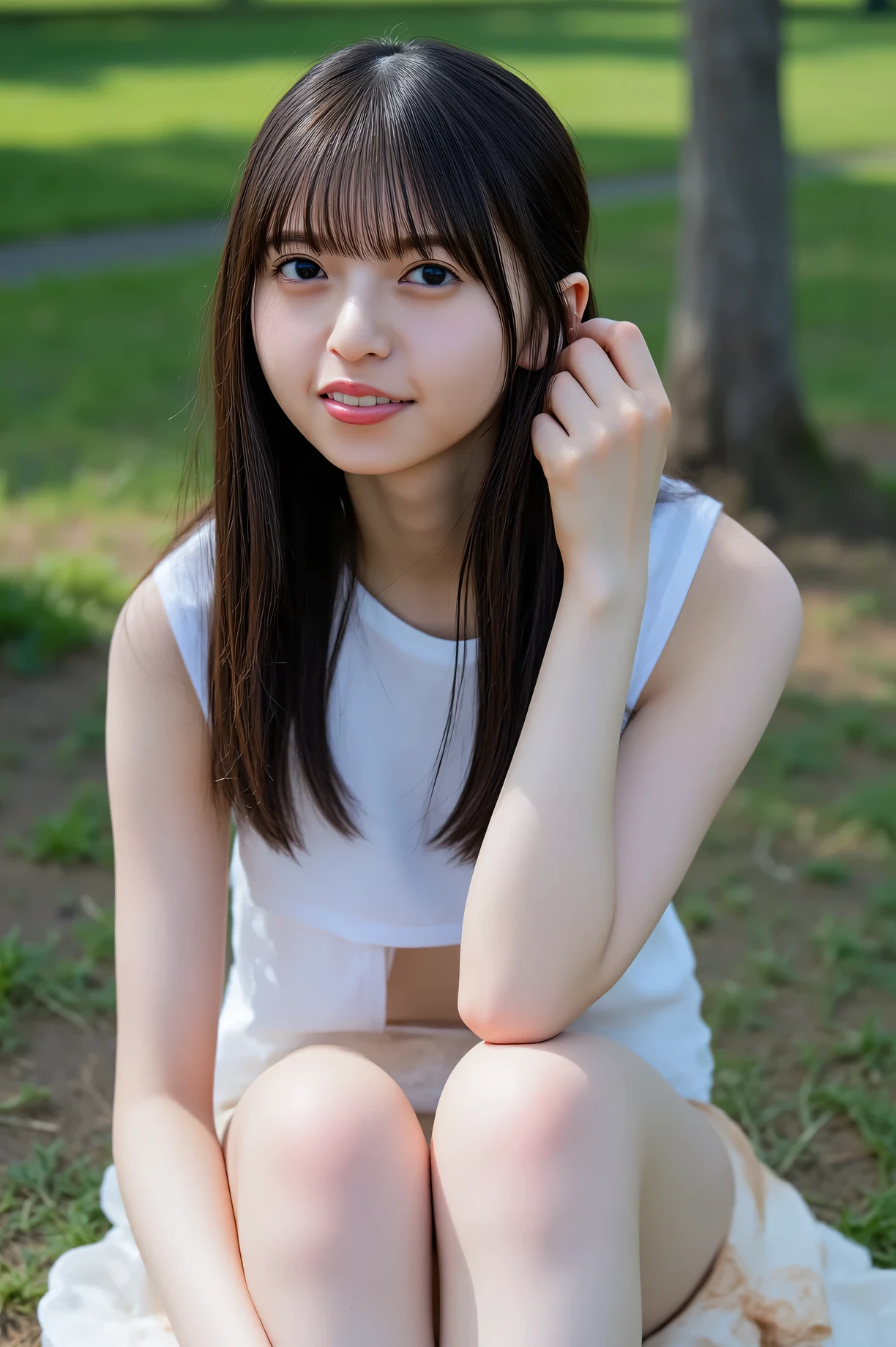 Photo quality,Masterpiece,Realistic,( cute Japanese girl:1.9),(Detailed young face:1.9),(Very embarrassed look:1.9),(Thin legs:1.9),(Sit down scratching Hu,Wear a Chinese dress:1.9),(Posing to seduce men in the park,Inner thigh visible:1.9),((Droopy eyes:1.9)),((Body type of a 16 year old Tits:1.9)),(Cute school girl hairstyle:1.9),((Skinny Legs)),Very pale skin,Show your forehead,Detailed body,Detailed hands,No makeup