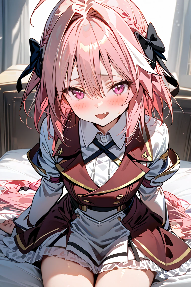1girl, , shiny skin, HDR,UHD,8K, best quality, masterpiece, Highly detailed,astolfo, long hair, pink eyes, hair ribbon, pink hair, braid, ahoge, white hair, male focus, multicolored hair, streaked hair, single braid, otoko no ko, long braid,EPfaAstolfo, pink hair, pink eyes, ribbon, hair ribbon, braid, hair between eyes, hair intakes, white hair, hair bow, single braid, long hair, long braid, streaked hair, skin fang, bow, black bow,\(fate\)  astolfo_\(saber\)_\(fate\)  astolfo_\(sailor_paladin\)_\(fate\)  astolfo_\(sparkling_frills\)_\(fate\)  astolfo_\(memories_at_trifas\)_\(fate\)  astolfo_\(saber\)_\(third_ascension\)_\(fate\), sitting on bed, embarassed, looking at viewer, blush.