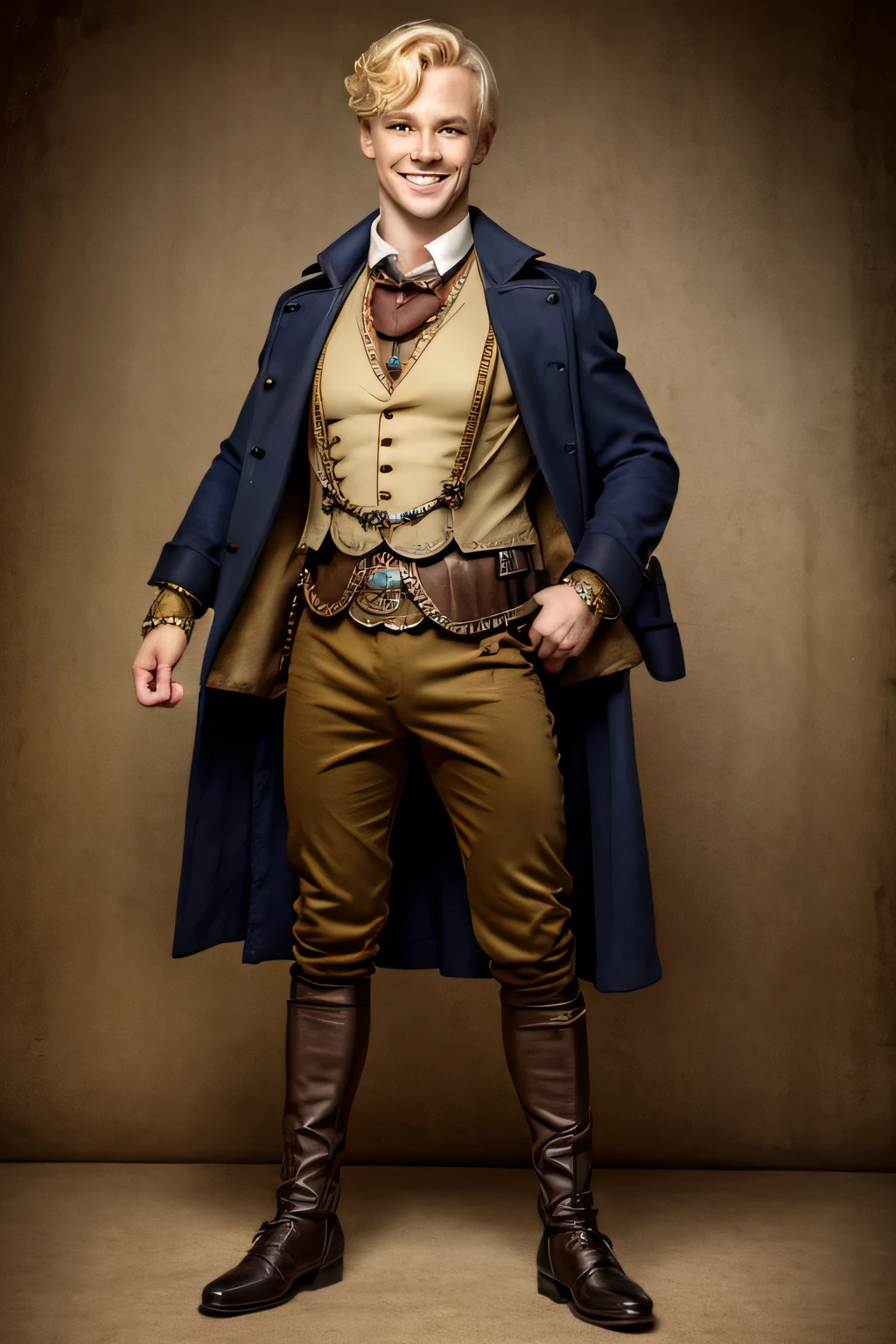 young blond man 、Dress like Sherlock Holmes、Smile、steampunk、 full body view、real、