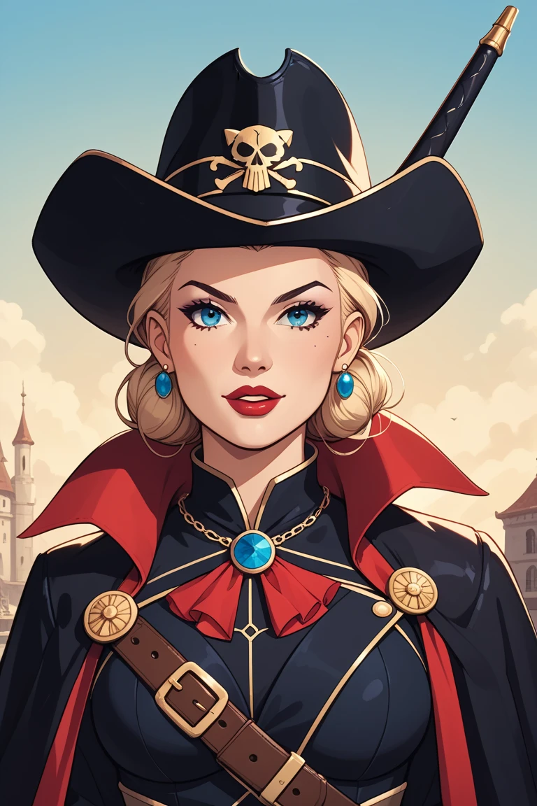 A beautiful and fierce pirate queen, long and light hair, olhos intensos, full red lips, wearing an ornate pirate captain's uniform, standing on the deck of your ship, ocean backdrop, dramatic lighting, highy detailed, comic style,, stunning colors, dramatic shadows, temperamental atmosphere,ultra detali,,cinematic lighting,battle pose, full body, dramatic expression,Elaborate costume, detailed ship in the background, stormy ocean waves