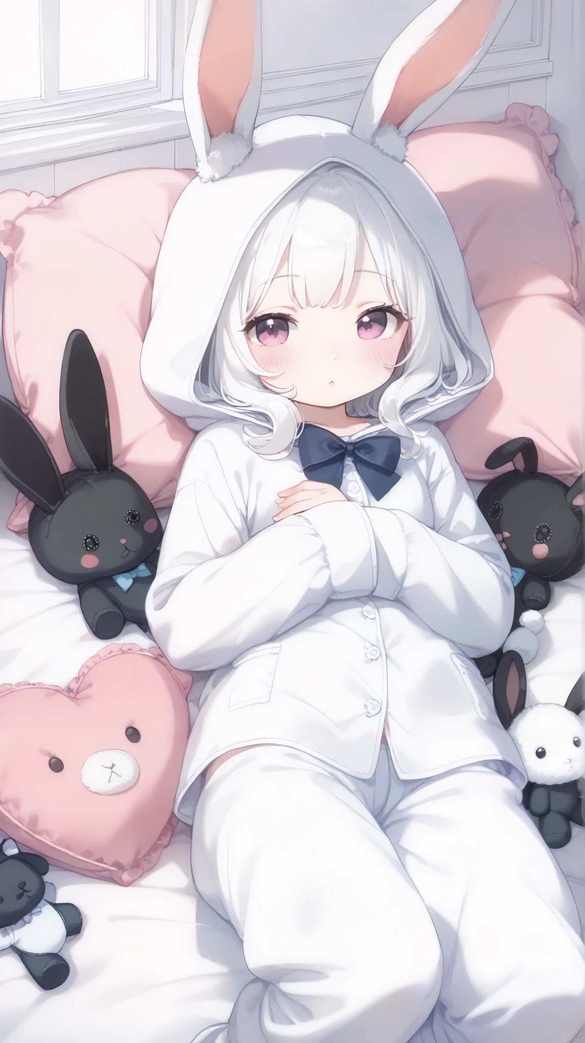 Cute anime style、alone, one girl, has a very detailed face, strapless , (((very large white pajamas:1.5, rabbit ear hood:1.5、wearing a hood))), ((( White rabbit girl :1.7, black rabbit plush body pillow))), , Central chest, medium hair, break, Room Full of Stuffed Animals , Rabbit Cushion , pink room, dim lighting,