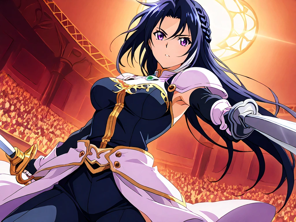 ((masterpiece, high quality, best quality, highres)):1.2, old castle,  smile, looking at viewer, 
white and Gold embroidery dress, Gorgeous dress,Aurora,  masterpiece ,battle,Obsidian Necklace,close to camera,midnight,red moon,stardust night,shooting magic spear