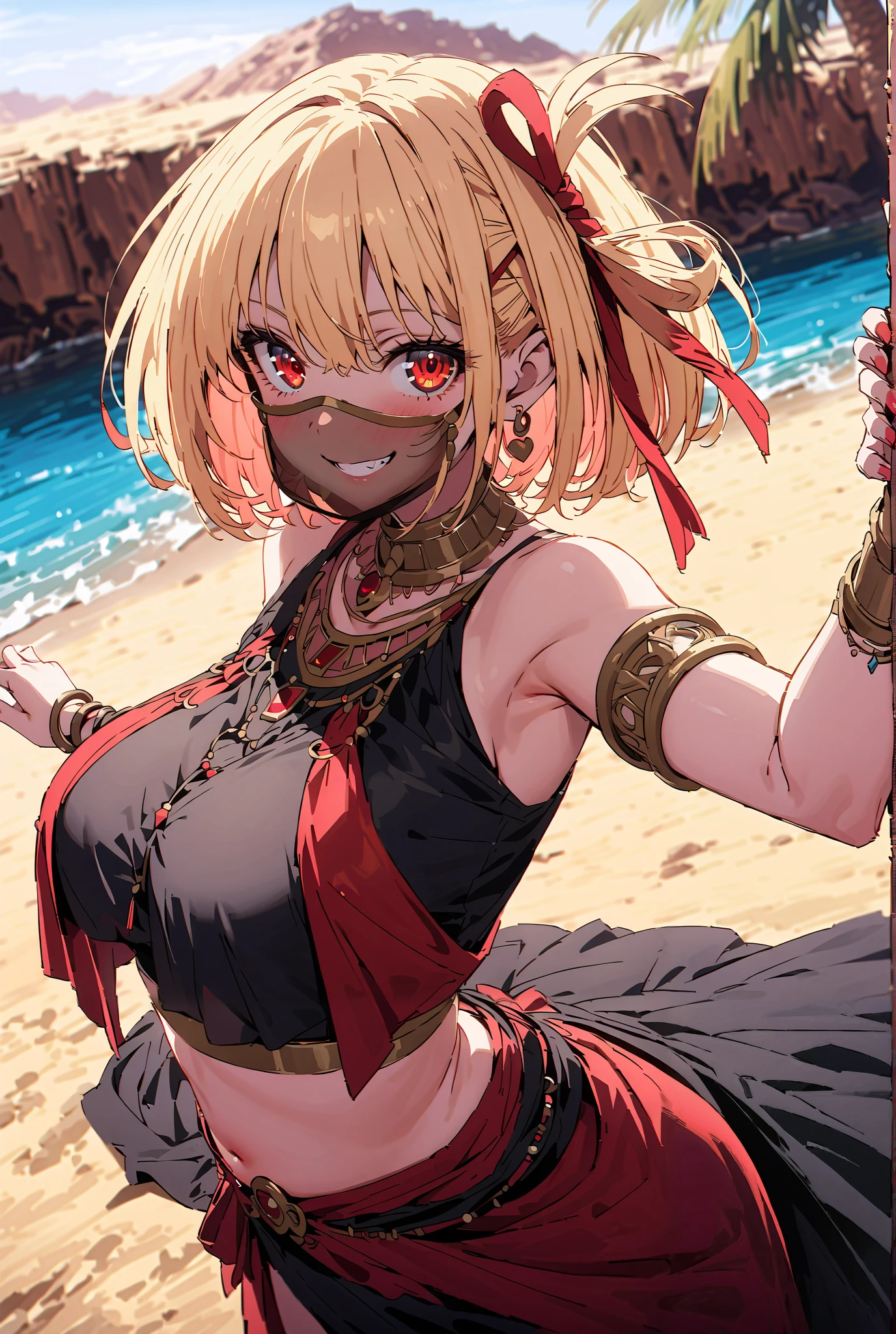 score_9, score_8_up, score_7_up, source_anime,
Nishiki Shiho , Nishikidi Chisato , short hair, bungs, blonde hair, Red Eyes, hair ribbon, one side up, bob cut,smile,blush, grin ,Big Breasts,Arabian clothing, dancer , mouth Veil, belly Dancing, Veil, Armlet,is standing,Bare legs,palm tree, water, Dancing,full bodyがillustration for both eyesに入るように, break looking at viewer,full body,
break outdoors, desert, oasis,
break (masterpiece:1.2), top quality, High Resolution, Unity 8K Wallpaper , (illustration for both eyes:0.8), (beautiful detailed eyes:1.6), has a very detailed face, perfect lighting, extremely detailed CG, (perfect hand, perfect anatomy),