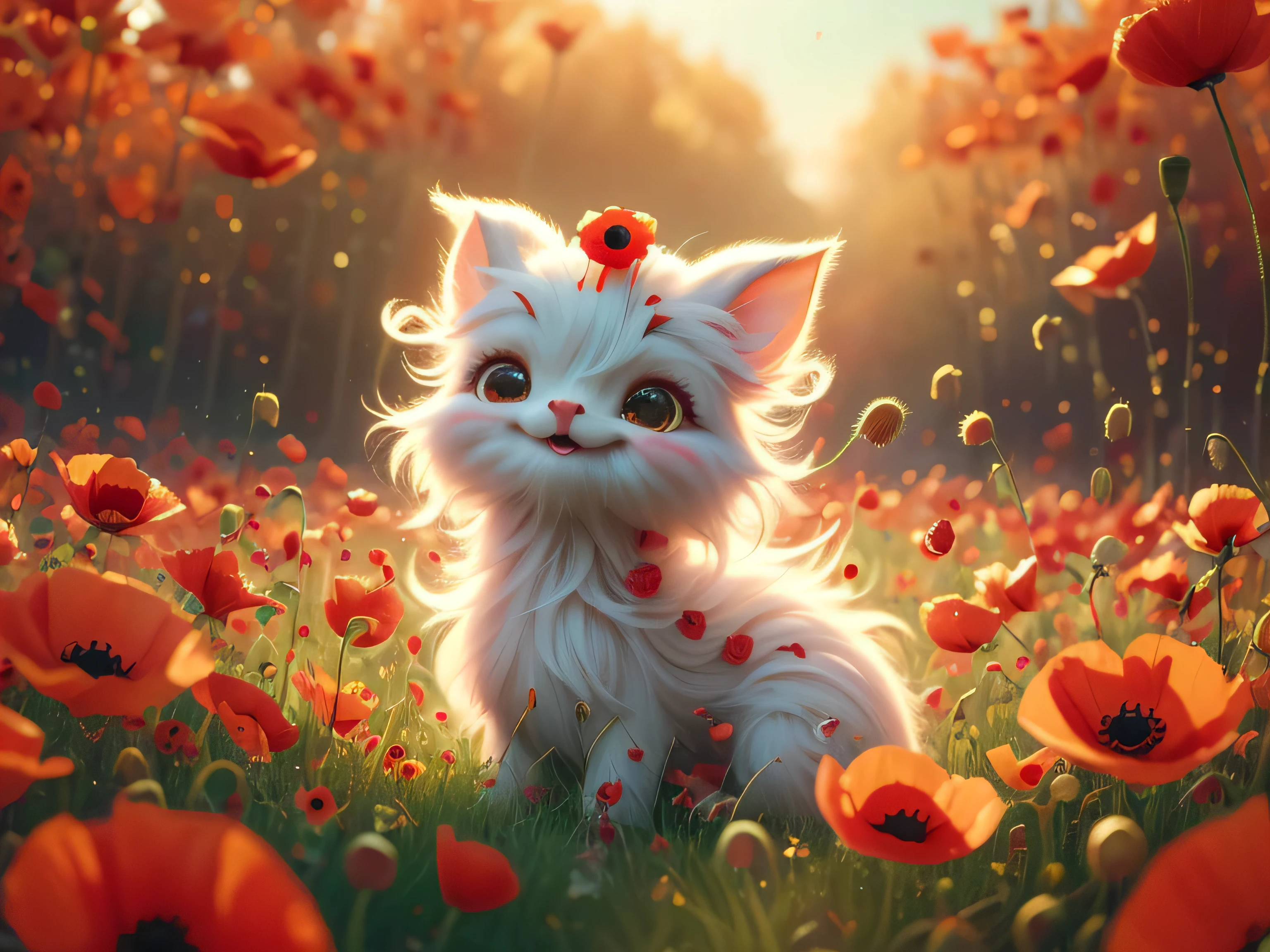 whimsical airbrush and oil painting, best angle of a Very cute mythical graceful transparent anthropomorphic red poppy spirit holds poppy, thin arms, fragile thread legs, red poppy spirit, Mystical field where poppy field in a professional photograph by Awwchang :: Luis Royo :: WLOP :: Artgerm Lau :: Anne Stokes :: natural deep colors