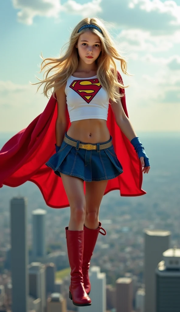 ((best quality)), ((masterpiece)), (young woman), 1girl, hovering, white superhero outfit, cape, long blond hair, city, fit body, looking at viewer, depth of field, midriff,