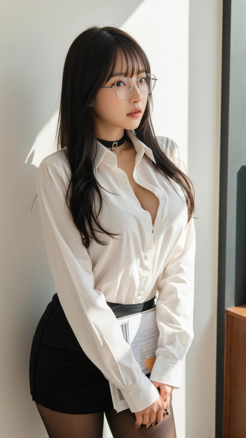 (Masterpiece, Hyperrealistic, 8k, HDR, RAW), ((Inside illumination)), glass panel at background, ((Inside of a skycraper))), ((Pretty girl)), Chinese girl, sexy girl, ((Pale skin)), 18 years old, ((Black hair)), ((Brown eyes)), ((Black Blazer)), ((White blouse)), ((black trouser)), ((Straight hair)), ((Slim body with female curves)), sexy face, big eyes, grin, perfect anatomy