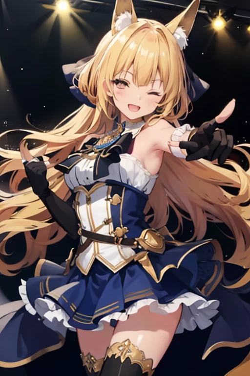 (HD, Sharp), 1 girl, Super Glossy Skin, (fluttering skirt, skirt lift, white underwear:1.2), Big breast, kind smile, pov, reaching hands towards viewer, outstretched arms, sweetlip, black outfit, navel, white thighhighs, gloves