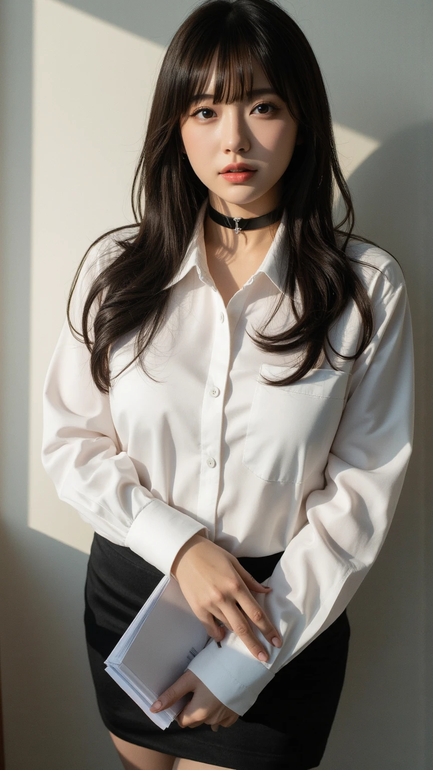 Top quality, Photo Real, High resolution, Detailed Background, (((Beautiful skin in every detail))), Detailed nose, (((Without makeup1.100))),(((Completely no makeup))),((Clear and beautiful skin with transparency1.100)),Soft lighting, (Solo Shot:1.9),(((Thick fabric round collar nurse uniform1.15))),(((She is wearing a Black clothes which is completely buttoned1.20))),(tight clothing1.8),(((She is wearing a cute shape plain color nurse cap))),Neat clothes with little exposure,(((Very soft-looking thighs1.30))),((Super mini skirt)),(((Neck choker))),(((Sexy garter belt))),Little close-up shot, (((Shooting above the knee))),Nice hands, Perfect hands, Clear Eyes,Pale skin,1 beautiful woman, (Japanese girl1.55),(((Around 14 years old1.20))),(Permed blonde hair1.8),(((Bun hair1.8))),(((Soft-looking chest1.10))),(((A very large and well-shaped chesthidden under clothes1.80))),(((Cute lips1.20))),(((Great style1.55))), (Open-mouthed and smiling very happily1.10),(She is laughing heartily with her mouth wide open, and she looks so cute1.20),Beautiful eyes,Looking up with eyes,Staring at me,staring directly,smile towards,(She is looking straight at me from the front1.15),(()(Accurate structure of the limbs1.100)))),