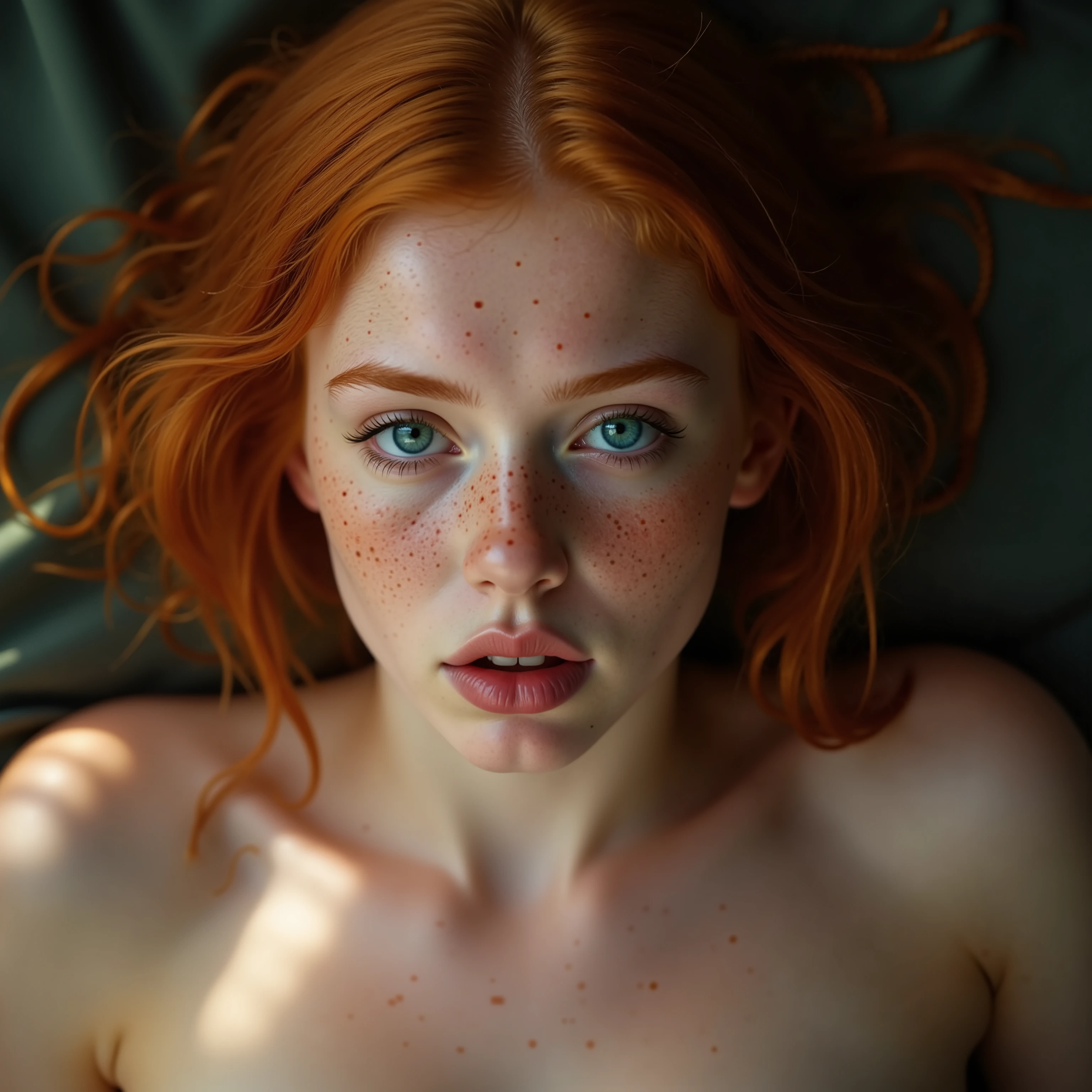 girl young, red pout , longer incisors, mouth slightly opened , Big blue eyes, long black eyelashes , freckles, Stupsnase, blonde medium length hair, two braids braided, slim, sexy Taile, sporty buttocks, sexy, topless, small breasts, stiff nipples, Goosebumps breasts, white translucent wet briefs, cameltoe, Darkroom, diuffuses Licht, sunshine, lying on your back, legs bent, Facing the viewer , full body, nude, without bra, without panties