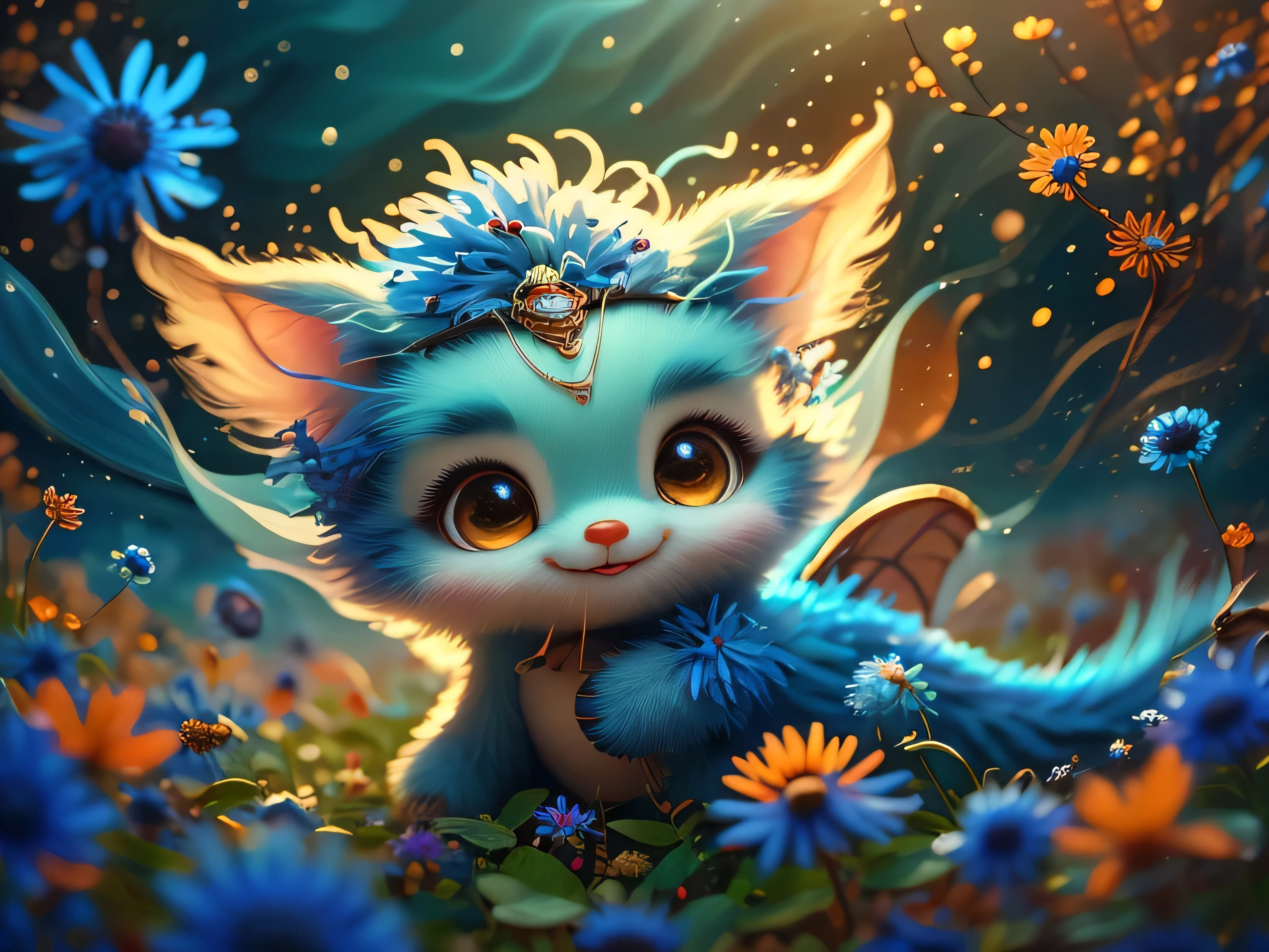 whimsical airbrush and oil painting, best angle of a Very cute mythical graceful transparent anthropomorphic furry blue cornflower spirit holds cornflower, thin arms, fragile thread legs, blue cornflower spirit, Mystical field where cornflower grows in a professional photograph by Awwchang :: Luis Royo :: WLOP :: Artgerm Lau :: Anne Stokes :: natural deep colors
