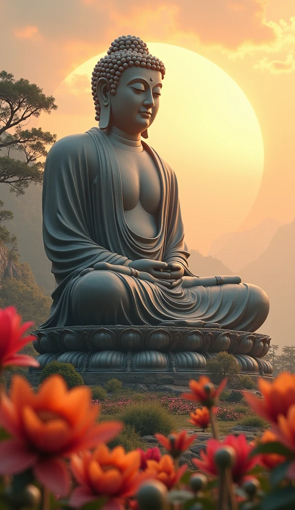 Buddha statue, stone statue, Texture, tall, An majestic, The background is illuminated by sunlight