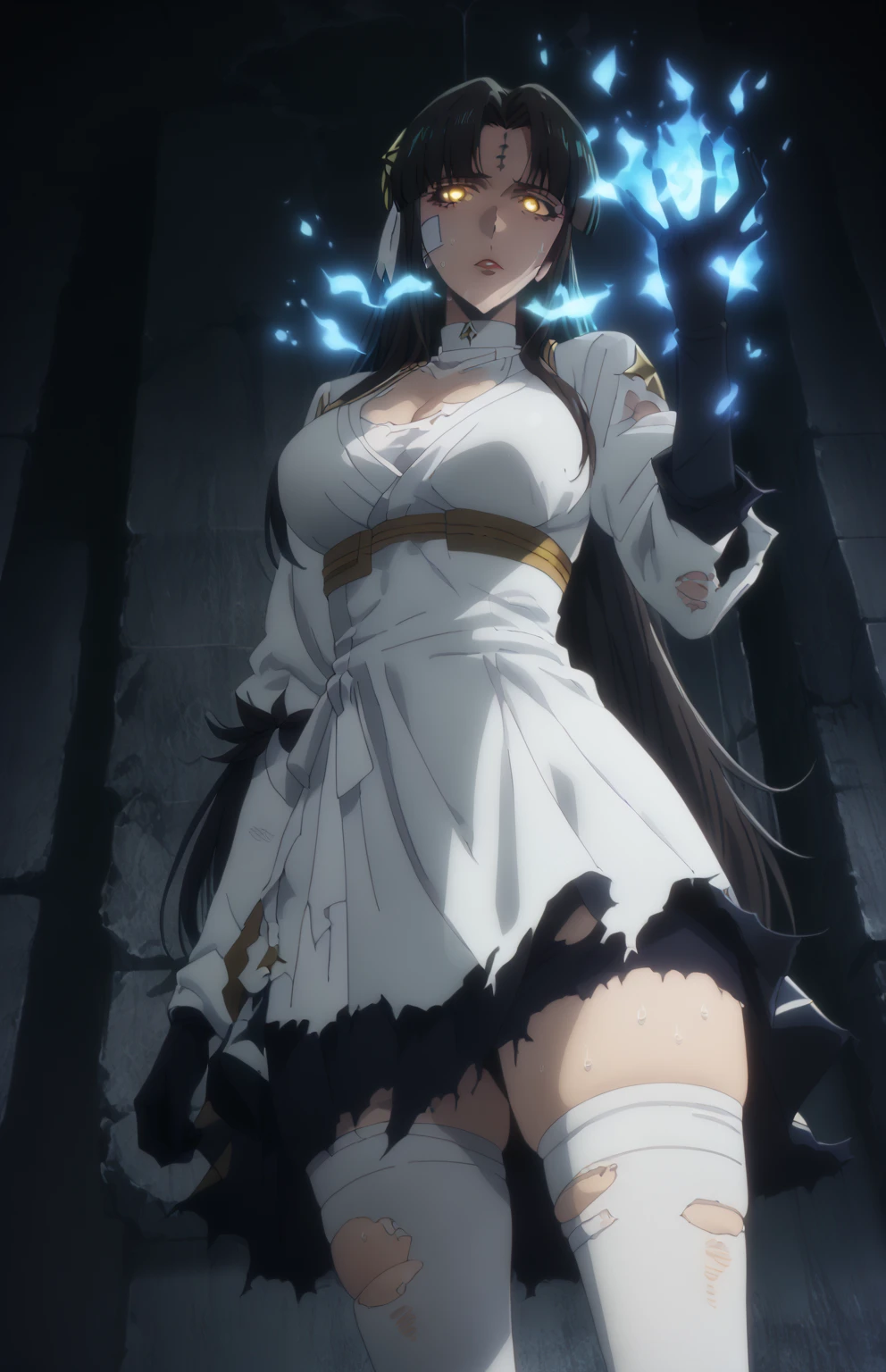 ((Olga Discordia)), 1 girl, beautiful face, dark elf, wearing transparent white dress without underwear, full body view, long black hair, fantasy castle landscape, no underwear, slim body, long legs, wearing high heels, shiny skin