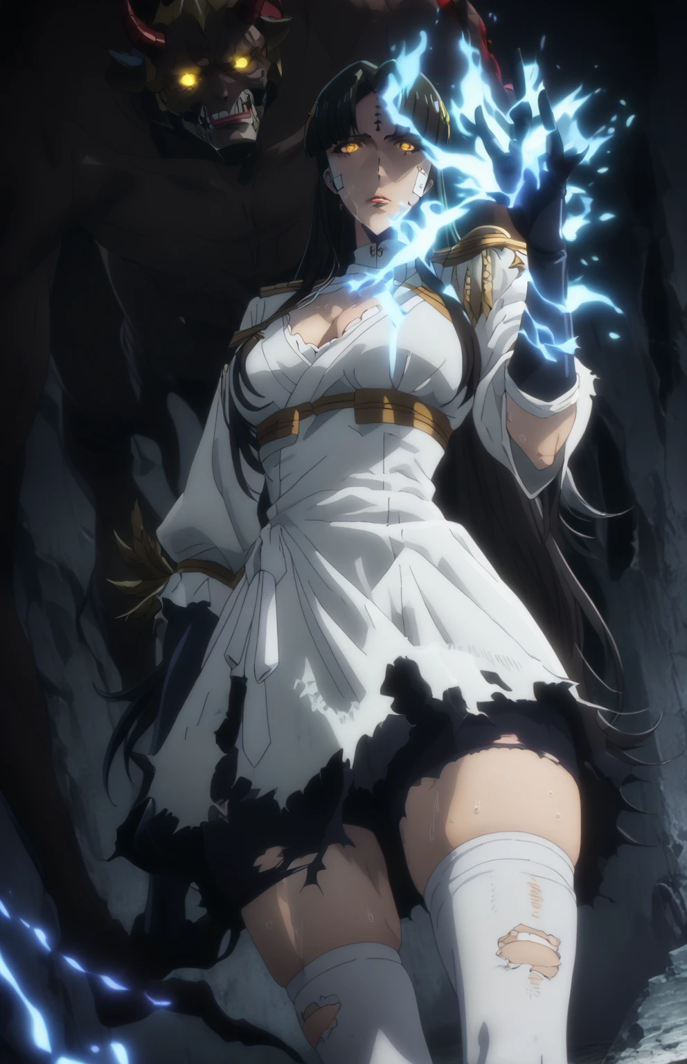 score_9, score_8_up, score_7_up, score_6_up, uncensored, michiko tanaka, long hair, black hair, yellow eyes, facial mark, forehead mark, bright pupils, anime coloring, anime screencap, (voluptuous:1.3), (thick:1.3), BREAK Masterpiece, extremely detailed, excessive sweating, sweating, sweating drop, (gasping, heavy breathing:1.3), (skindentation:1.2), perfect eyes, beautiful eyes, eyelashes, makeup, detailed body, perfect body, BREAK, (aura), (black aura:1.2), 1girl, breasts, horns, glowing, dress, white_dress, solo, cleavage, bandages, bandaged_leg, glowing_eyes, looking_at_viewer, ahoge, parted_lips, glowing_eye, monster_girl, colored_sclera, black_sclera, black hands, shadow, shadow hands, looking at viewer, torn clothes,