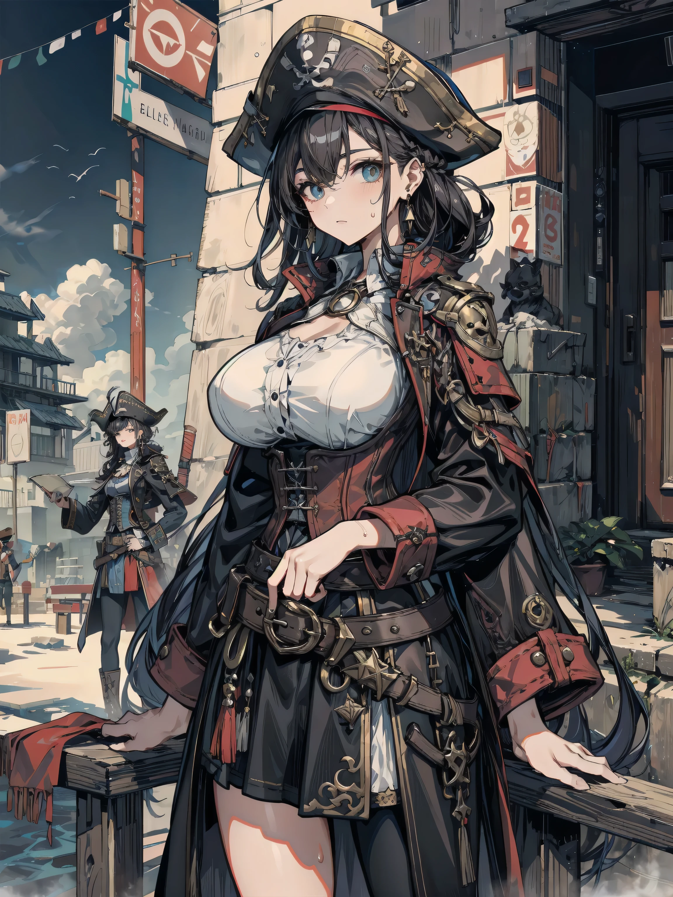 ideal ratio body proportions, perfect anatomy, correct body, earring, huge breasts, narrow waist, short hair, black hair, wavy hair, hair behind ear, half updo, looking at viewer, sweat, cowboy shot, outdoor, adult body, Practical pirate clothing, Long-sleeved pirate top, Skirt, pirate hat, corset, black cape,