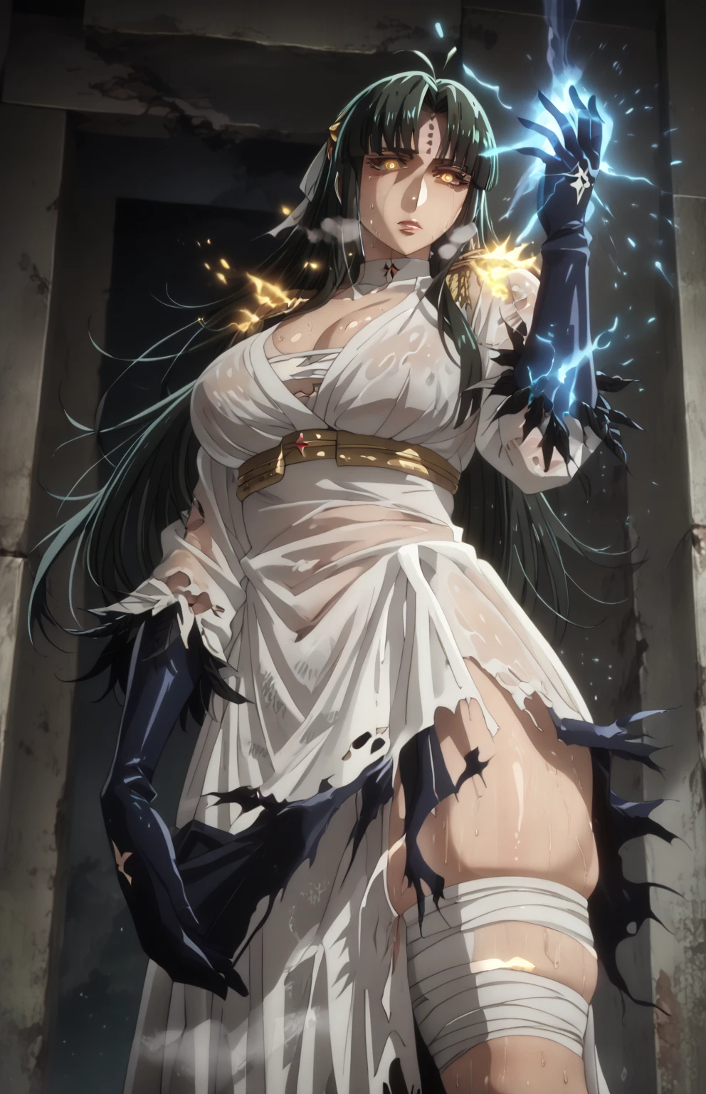 score_9, score_8_up, score_7_up, score_6_up, uncensored, michiko tanaka, long hair, black hair, yellow eyes, facial mark, forehead mark, bright pupils, anime coloring, anime screencap, (voluptuous:1.3), (thick:1.3), BREAK Masterpiece, extremely detailed, excessive sweating, sweating, sweating drop, (gasping, heavy breathing:1.3), (skindentation:1.2), perfect eyes, beautiful eyes, eyelashes, makeup, detailed body, perfect body, BREAK, (aura), (black aura:1.2), 1girl, breasts, horns, glowing, dress, white_dress, solo, cleavage, bandages, bandaged_leg, glowing_eyes, looking_at_viewer, ahoge, parted_lips, glowing_eye, monster_girl, colored_sclera, black_sclera, black hands, shadow, shadow hands, looking at viewer, torn clothes,