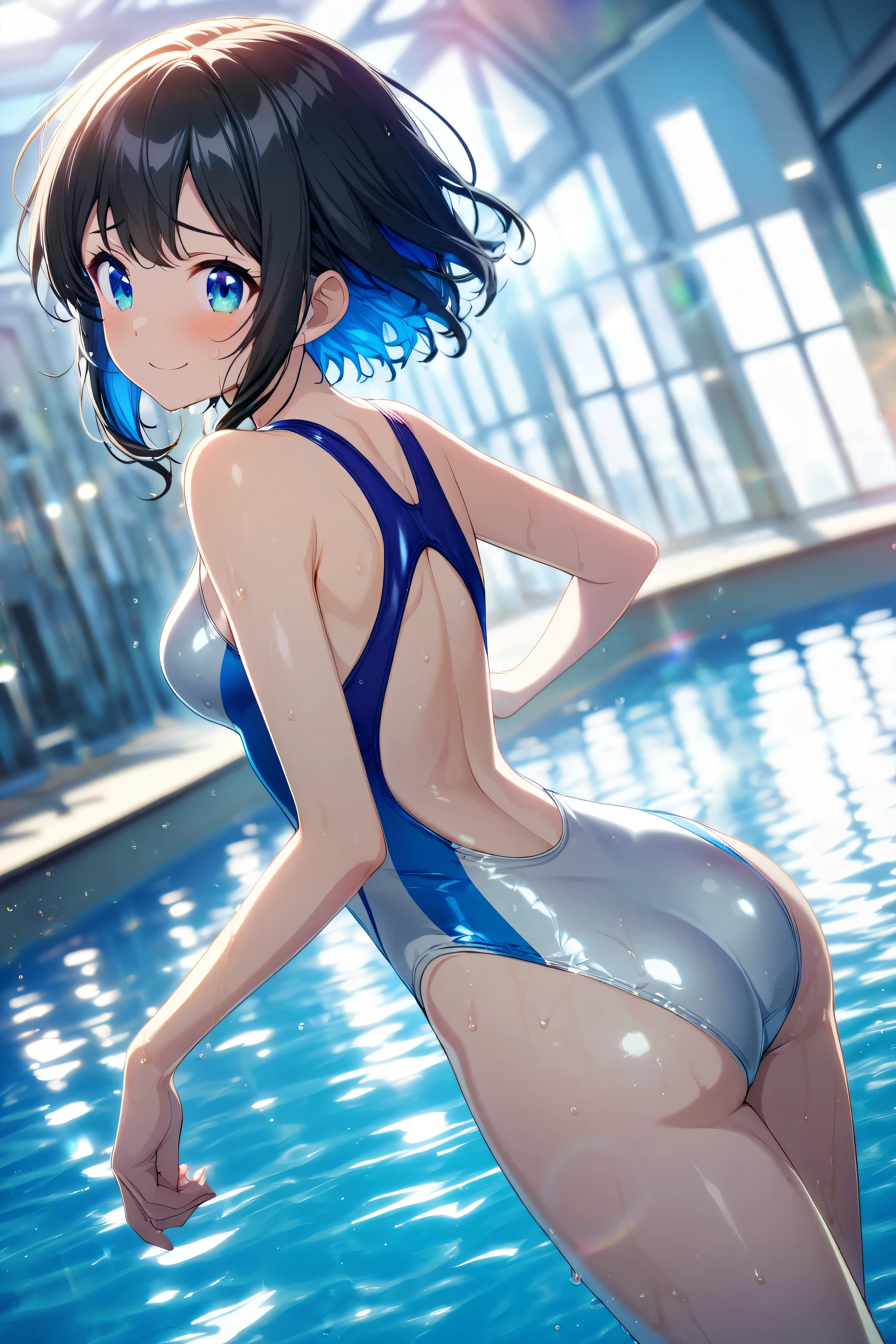 ((​masterpiece、top-quality:1.5、a high chroma:1.5、ultra-detailliert、high-resolution illustrations:1.5、Ultra-high-definition CG、8k size wallpaper、offcial art))、((from behind:1.8)),(1woman,),(cute face:1.5,cute eyes:1.5)、((face:1.5)),((close to viewer:1.8,face only:1.5)),
(grin:1.3)、(sexy body),((on stomach:1.8)),((on stomach:1.8)),,(competition swimsuit:1.5),(multicolored hair:1.5), (large breasts:1.5),(curvy:1.3)、(Portrait:1.8)
,(Shining aqua eyes:1.2),((floating on the water surface:1.5)),(cowboy shot)、