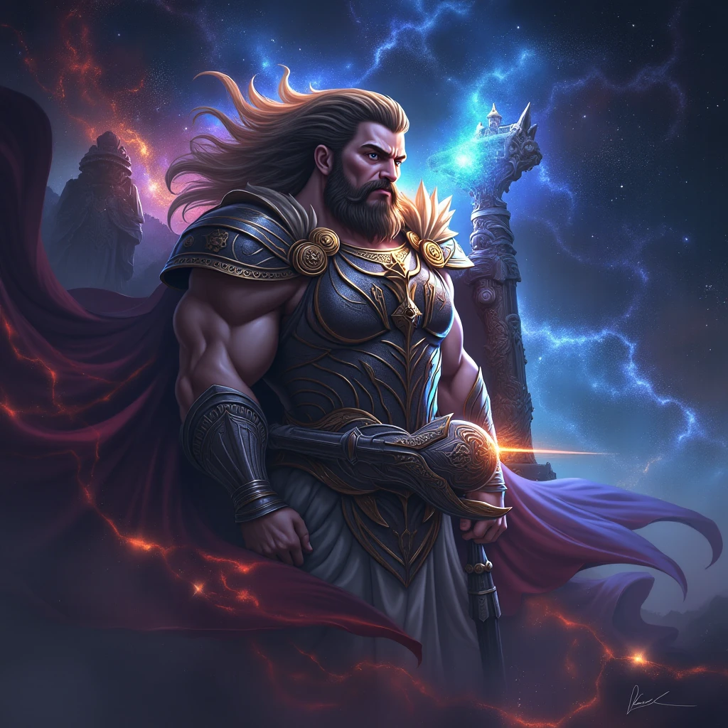 /imagine prompt: The Barbarian King, um guerreiro experiente na casa dos quarenta anos, com cabelos longos e barba espessa, wields his battle axe with strength and determination. It is positioned on top of a high mountain, com o vento soprando ao seu redor. The afternoon sky paints the horizon with orange and purple hues, Creating an epic and majestic scene. The dramatic lighting highlights his strong muscles and scars from past battles. corpo inteiro. sem deformidades (Estilo: oil-painting, --AR 16:9 --V 5)
