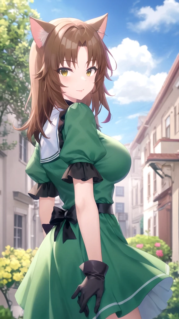 masterpiece, best quality, high resolution,Amazaki, (Antenna hair:1.2), Medium breasts,Green Bow, Orange Jacket, suit, Long sleeve, Green skirt, Pleated Skirt,Huge breasts, Showing cleavage,Perfect body,Her graceful figure, Slim waist,Curve symmetry,Cowboy lens, permanent, outdoor,Smile,Shut up,(whole body:1.5),