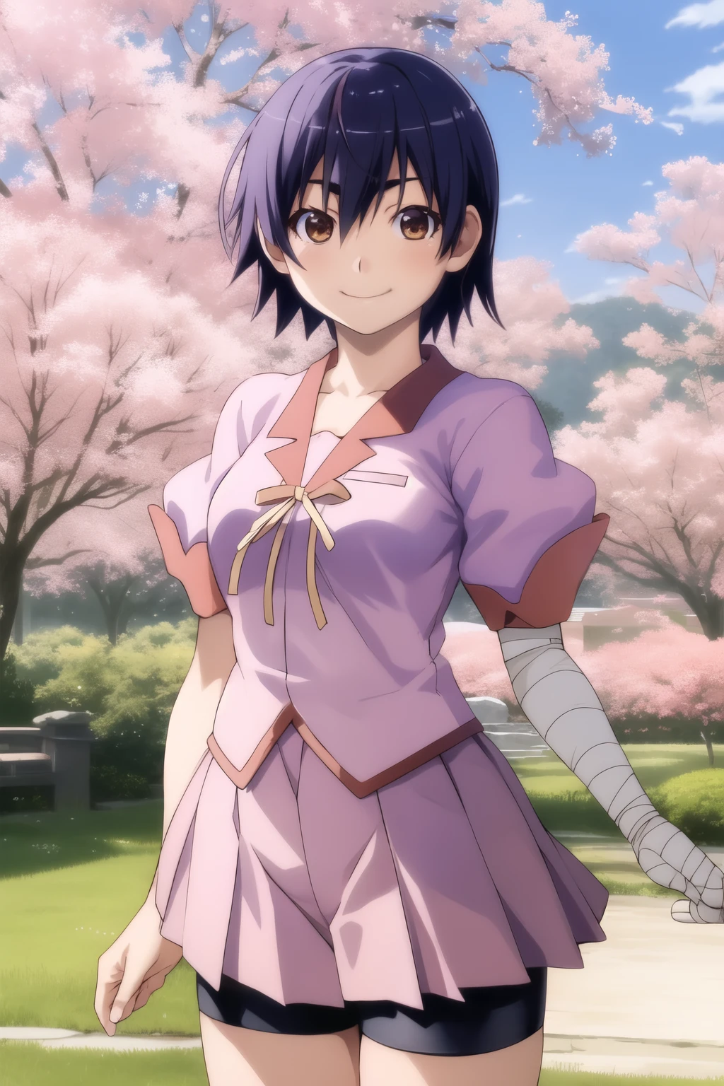 hidden hair, Alone, viewers,
bandage, bike shorts, Naoetsu High School Uniform, pink shirt,
, smile, short hair, medium breasts, brown eyes,
smile, cowboy shooting,
garden, tree々,