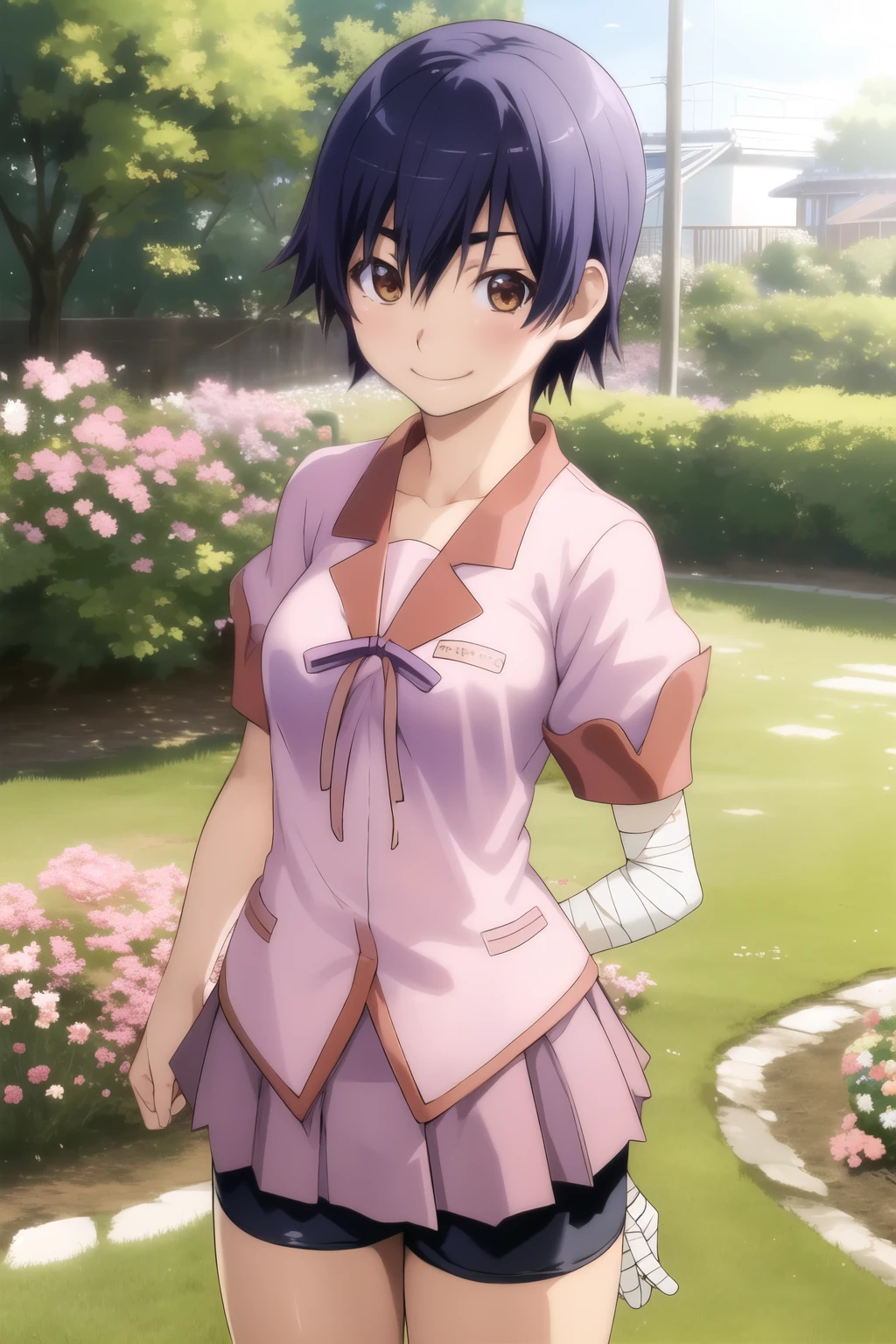 hidden hair, Alone, viewers,
bandage, bike shorts, Naoetsu High School Uniform, pink shirt,
, smile, short hair, medium breasts, brown eyes,
smile, cowboy shooting,
garden, tree々,
